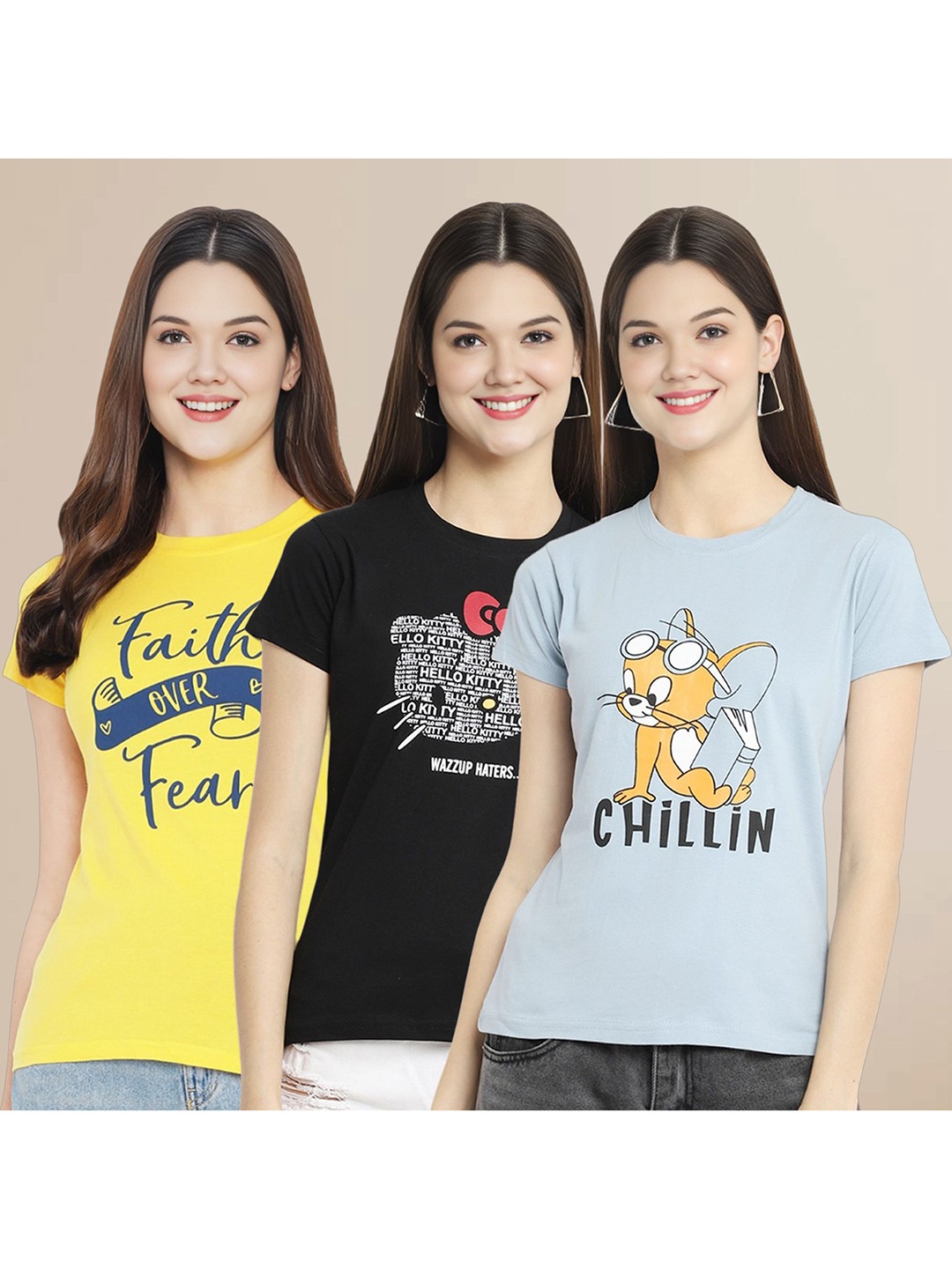 

Metronaut Women Pack Of 3 Typography Printed Round Neck Cotton T-shirts, Yellow