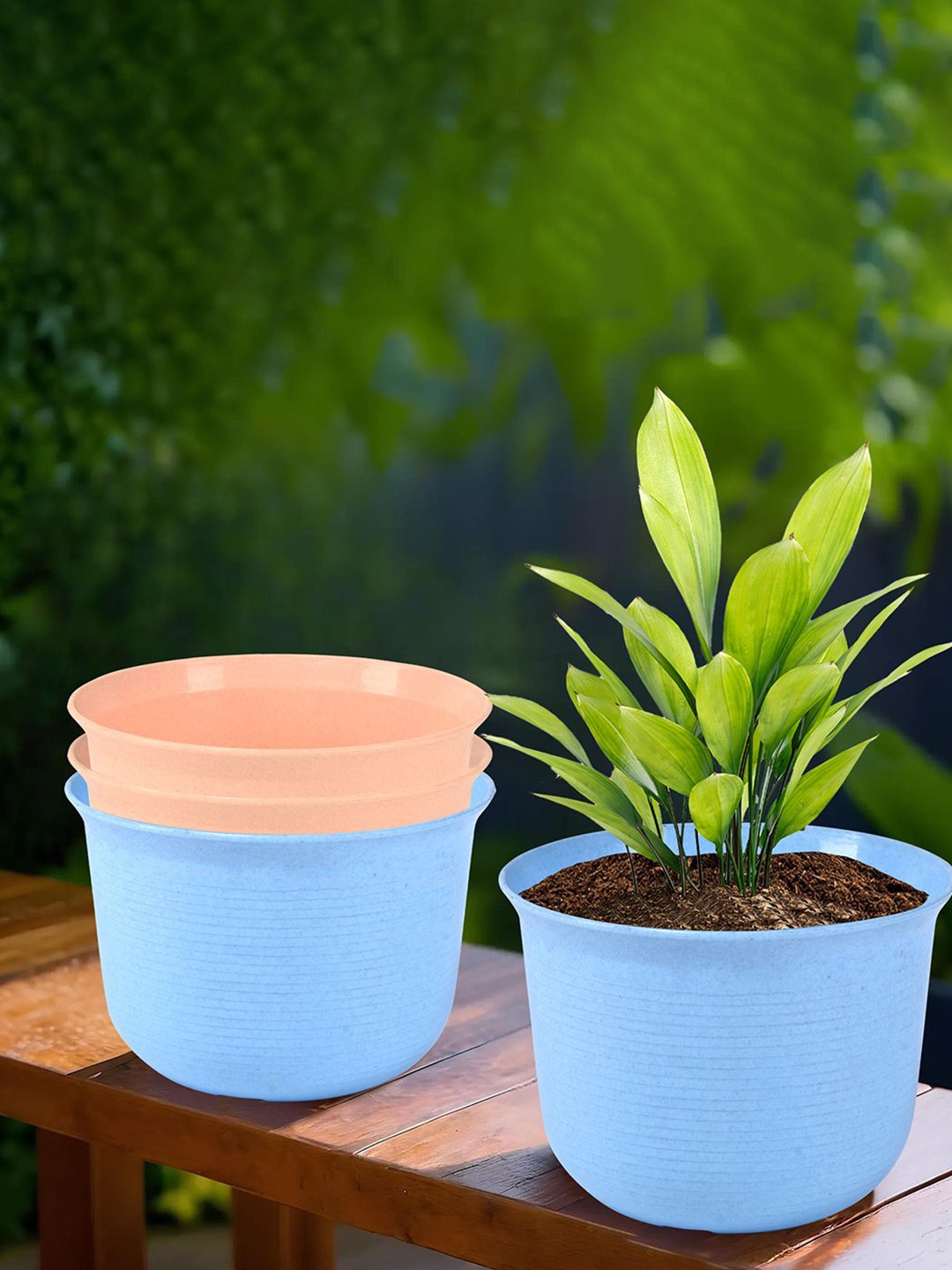 

Kuber Industries Blue & Peach 4 Pieces Textured Planters With Plates