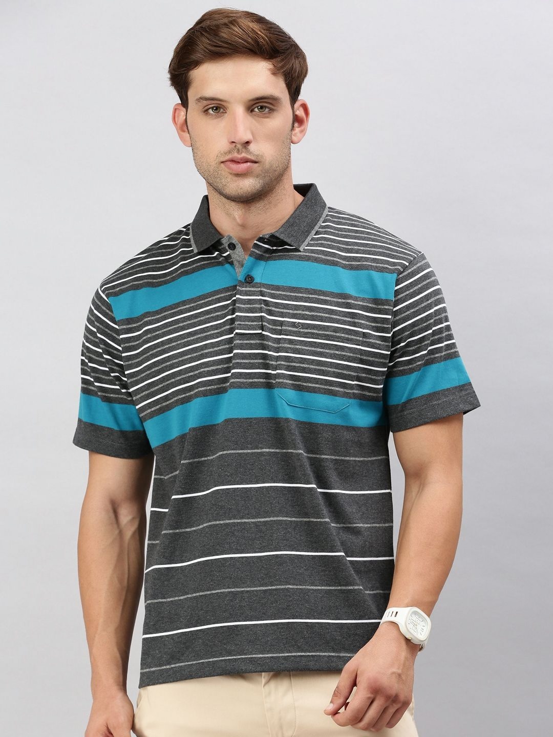 

Classic Polo Men Striped Polo Collar Cotton T-shirt, Charcoal