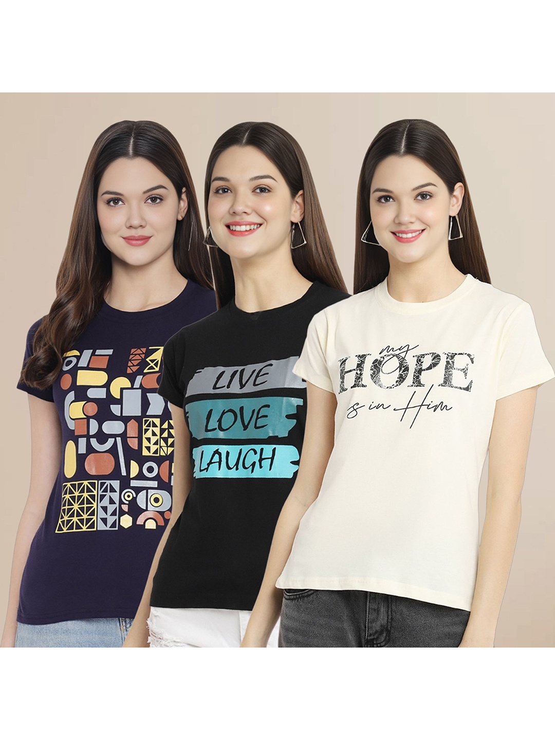 

Metronaut Women Pack Of 3 Typography Printed Round Neck Cotton T-shirts, Black