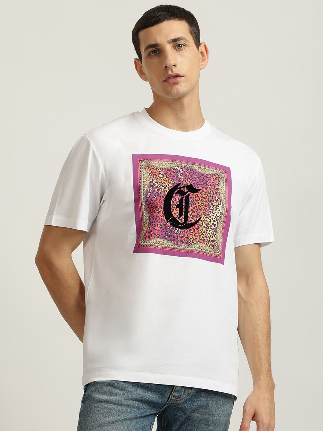 

Just Cavalli Men Animal Printed Round Neck Cotton T-shirt, White
