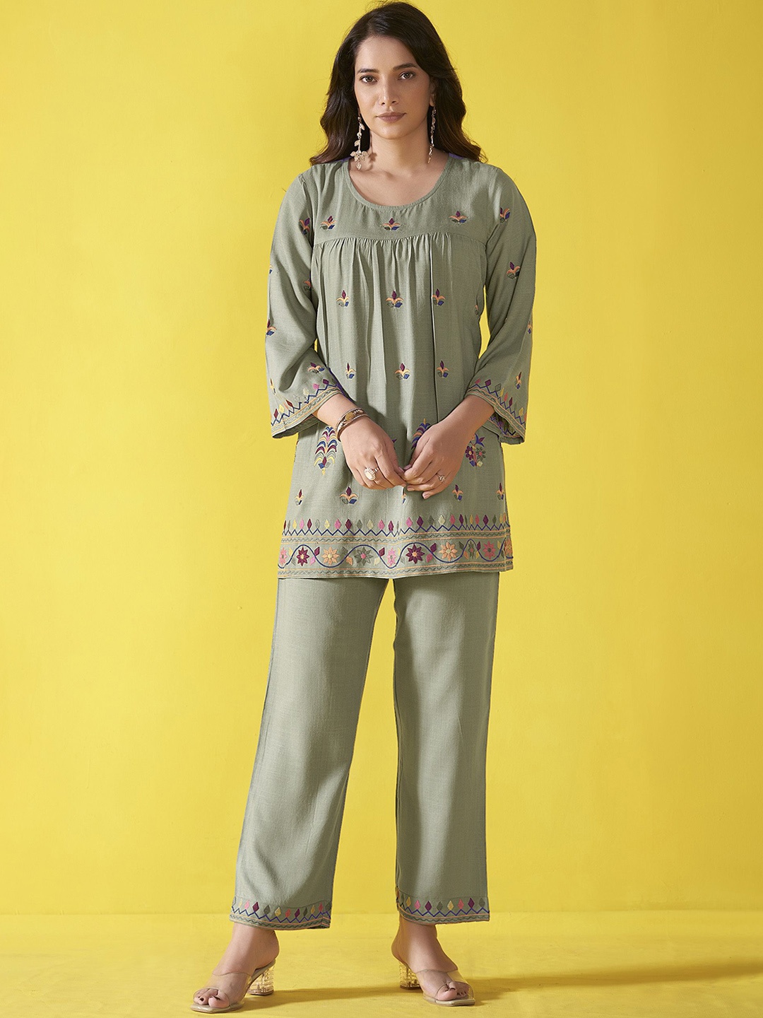 

Anouk Green Embroidered Liva Top With Trousers