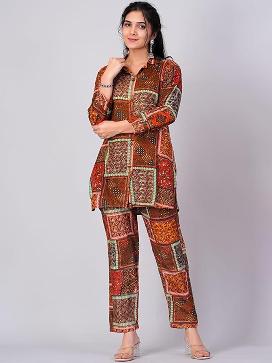 

KALINI Geometric Printed Shirt Collar Three-Quarter Sleeves Shirt With Trouser, Orange