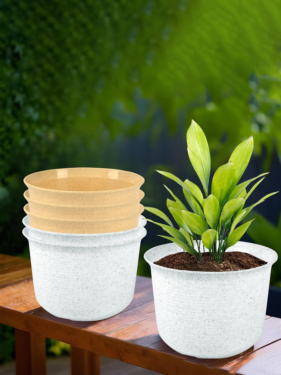 

Kuber Industries White & Beige 6 Pieces Textured Sawera Planters With Plate