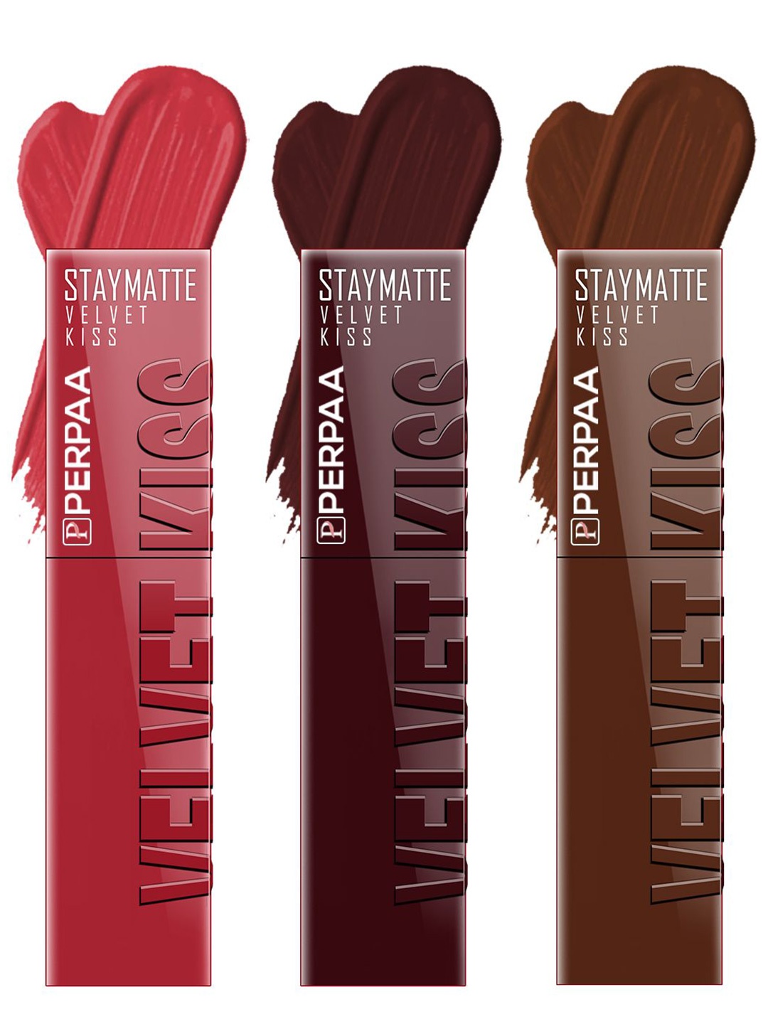 

PERPAA Set of 3 Velvet Kiss Waterproof Matte Liquid Lipstick -3.5 ml Each -Shades 01-02-07, Red