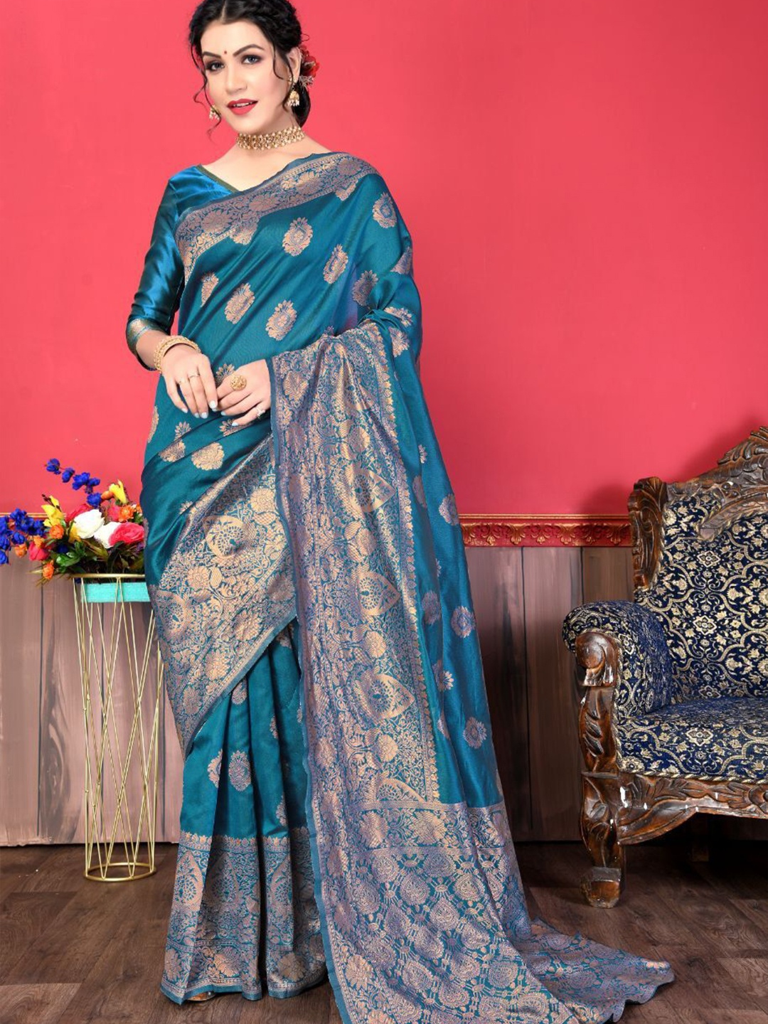 

Visit Wear Woven Design Zari Pure Silk Banarasi Saree, Teal