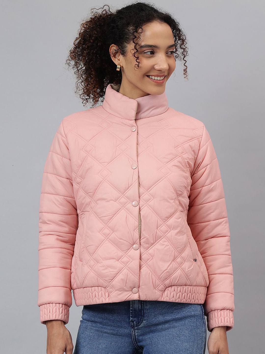 

Richlook Women Stand Collar Solid Casual Quilted Jacket, Pink