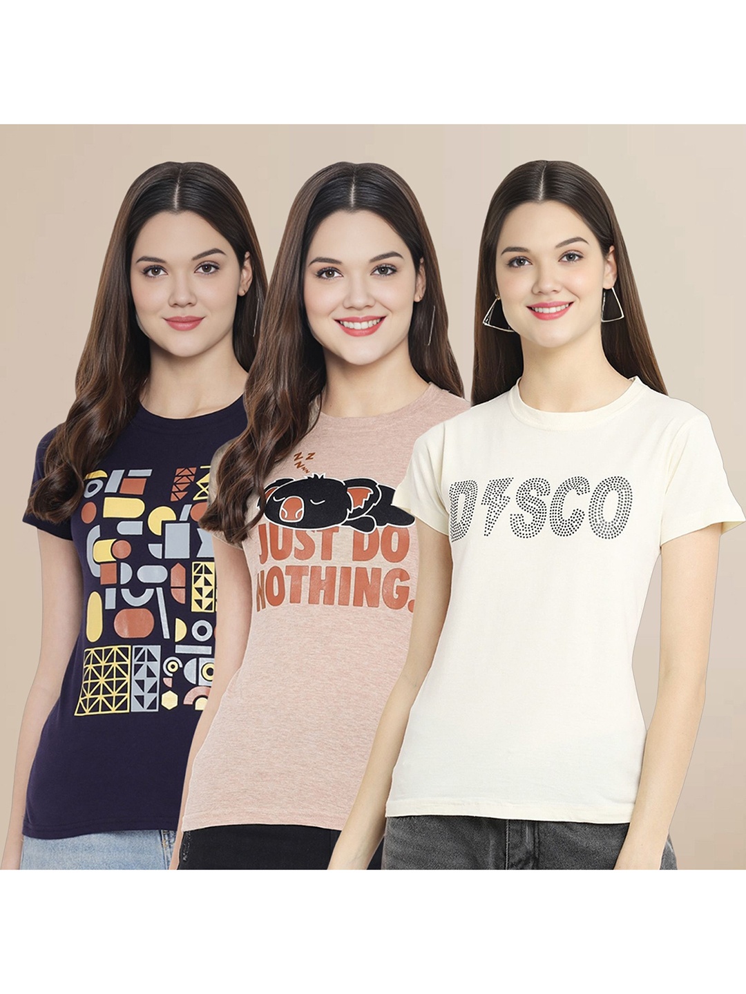 

Metronaut Women Pack Of 3 Typography Printed Round Neck Cotton T-shirts, Navy blue