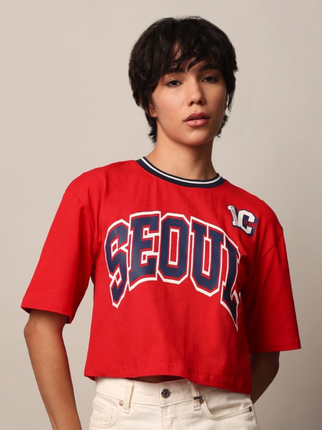 

ONLY Women Typography Printed Round Neck Cotton Boxy T-shirt, Red