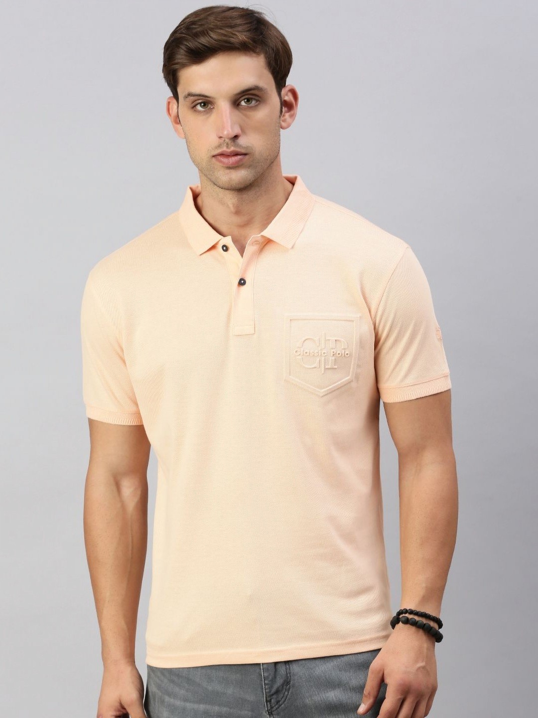 

Classic Polo Men Solid Polo Collar Cotton T-shirt, Peach