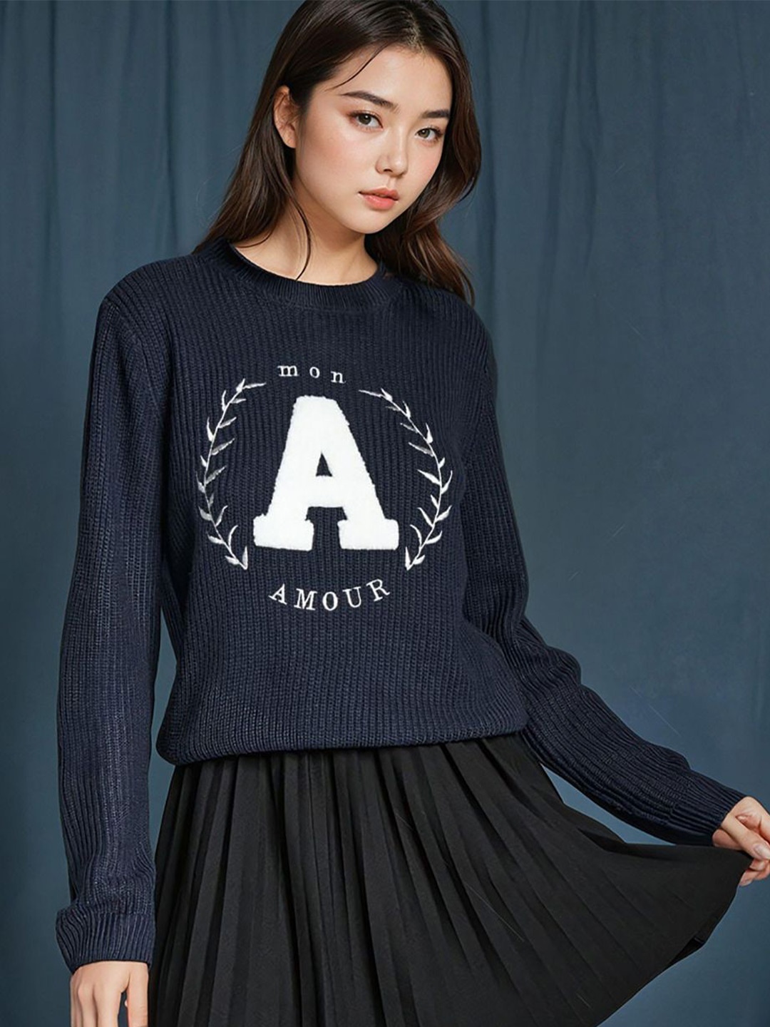 

Kotty Women Typography Printed Long Sleeves Pullover Sweater, Navy blue