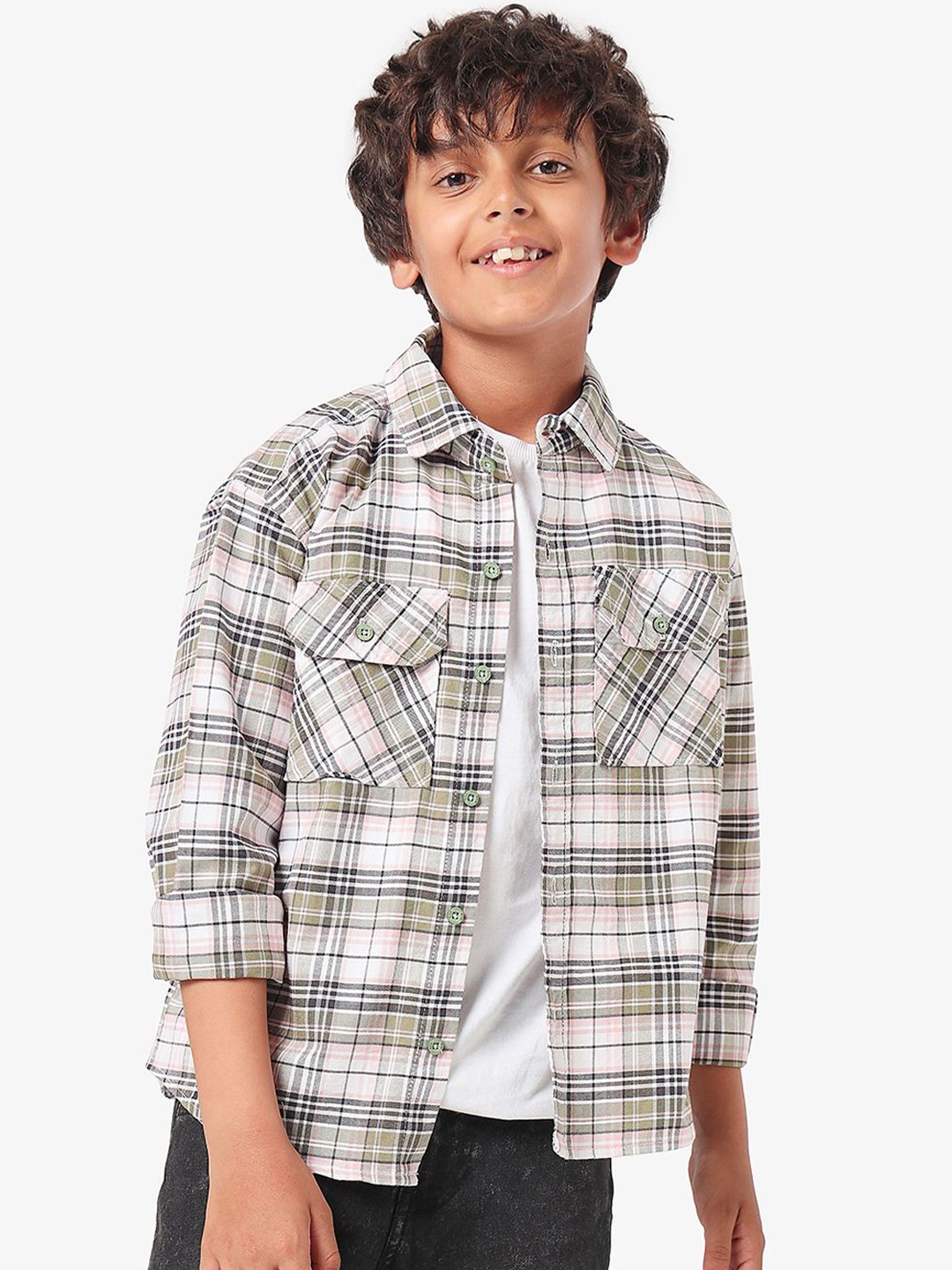 

BONKIDS Boys Spread Collar Tartan Checked Cotton Casual Shirt, Pink