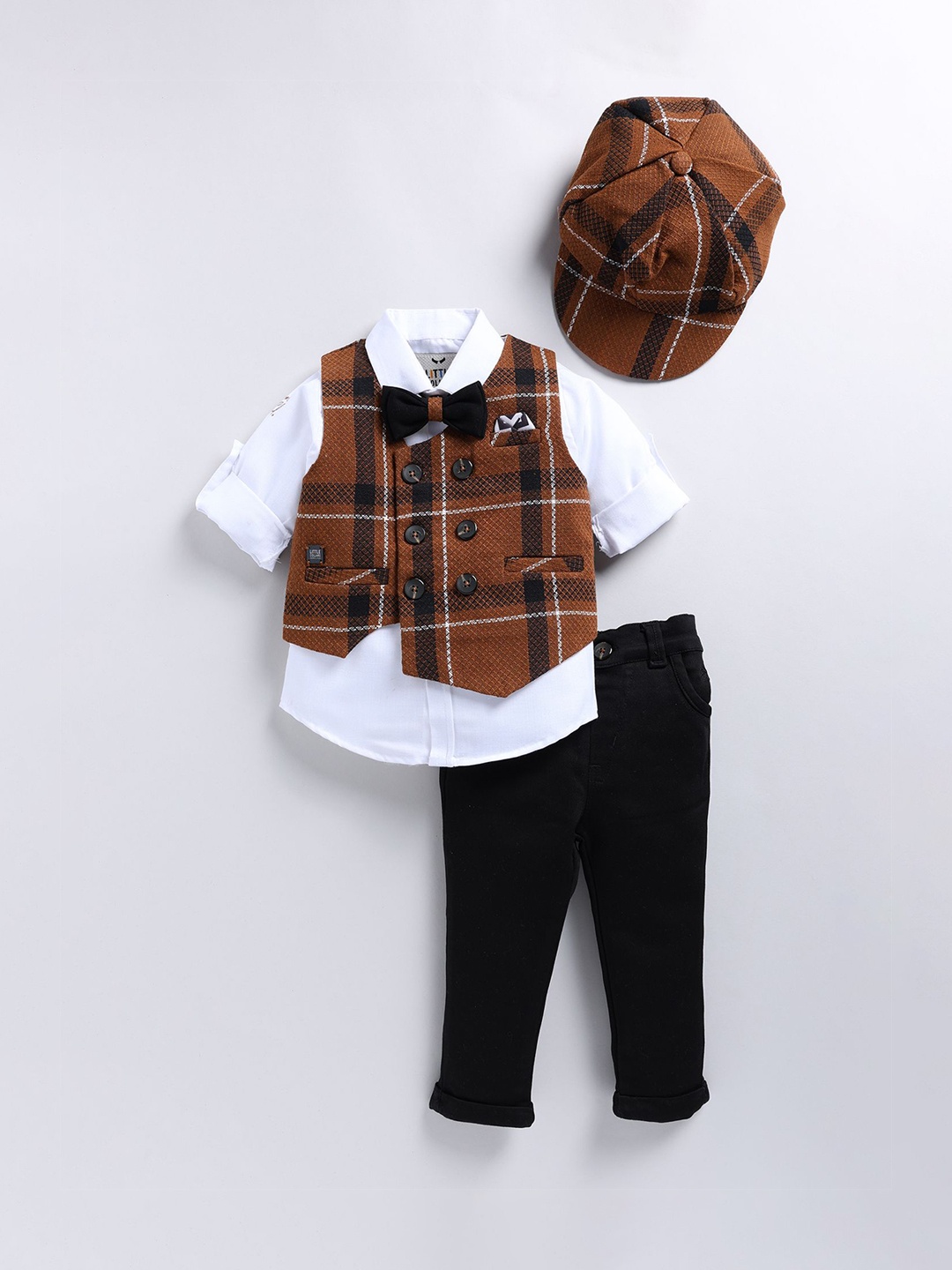 

LITTLE COLLARS Boys Checked V-Neck Single-Breasted 5-Piece Suit, Brown