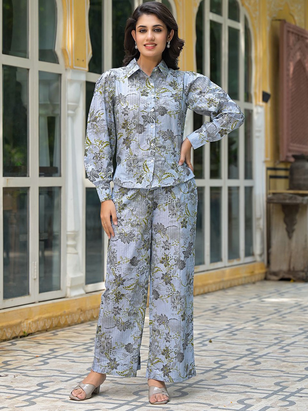 

AKS Printed Pure Cotton Shirt & Trousers, Blue