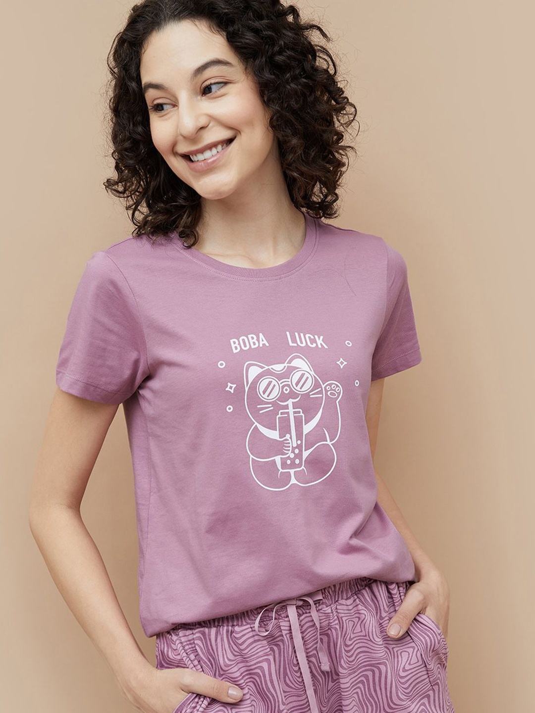 

Ginger by Lifestyle Women Graphic Printed Round Neck Cotton T-shirt, Purple