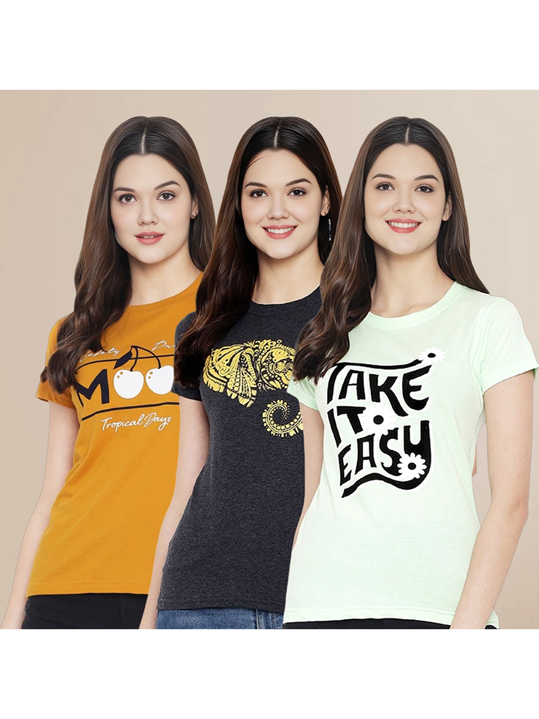 

Metronaut Women Pack Of 3 Typography Printed Round Neck Cotton T-shirts, Mustard