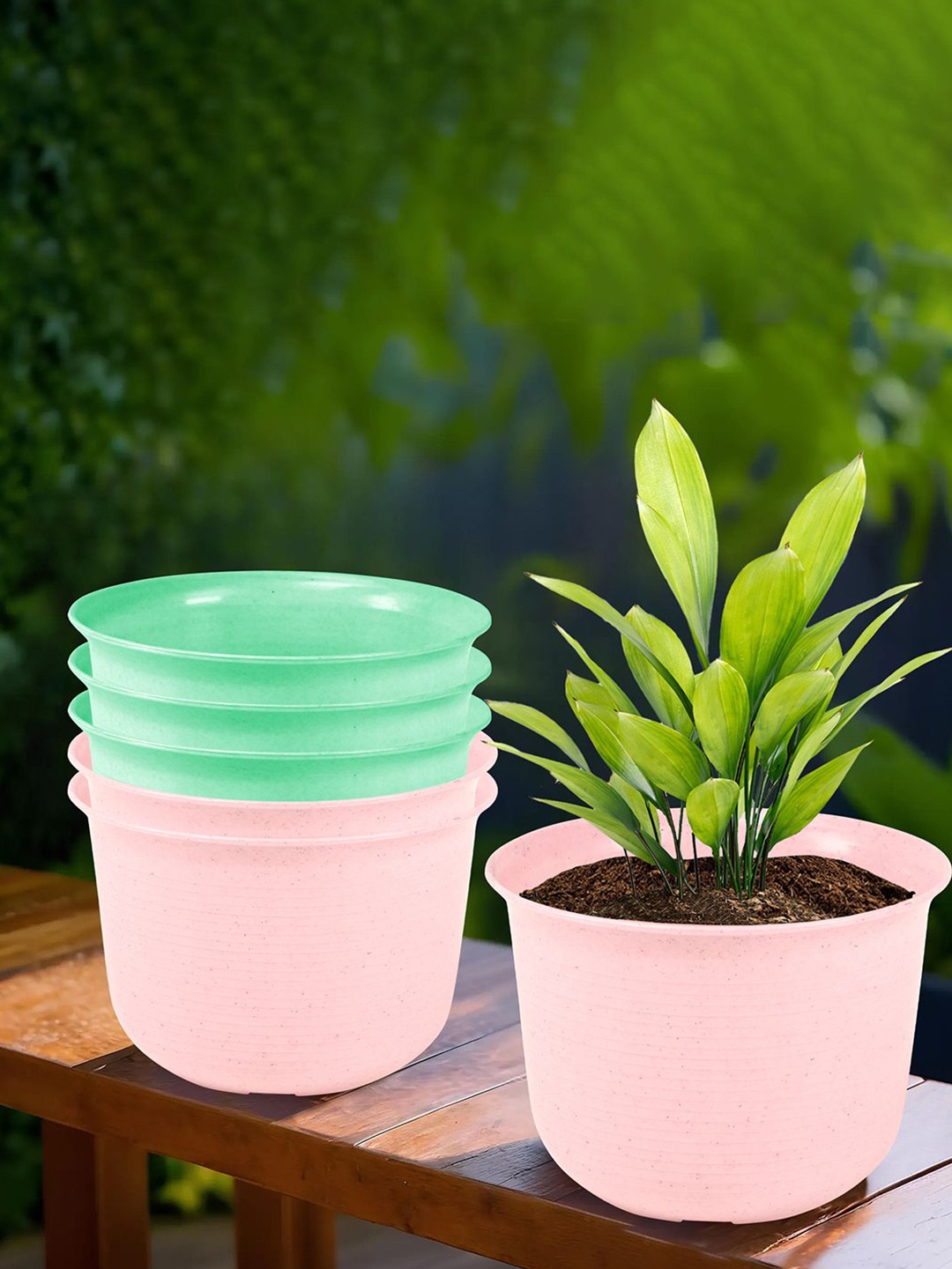 

Kuber Industries Pink & Green 6 Pieces Textured Planters With Plate