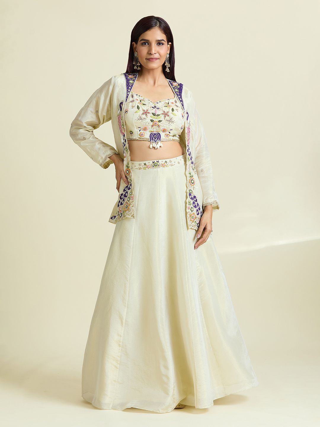 

Samyukta Singhani Peacock Embroidered Sequinned Ready to Wear Lehenga & Blouse With Jacket, White