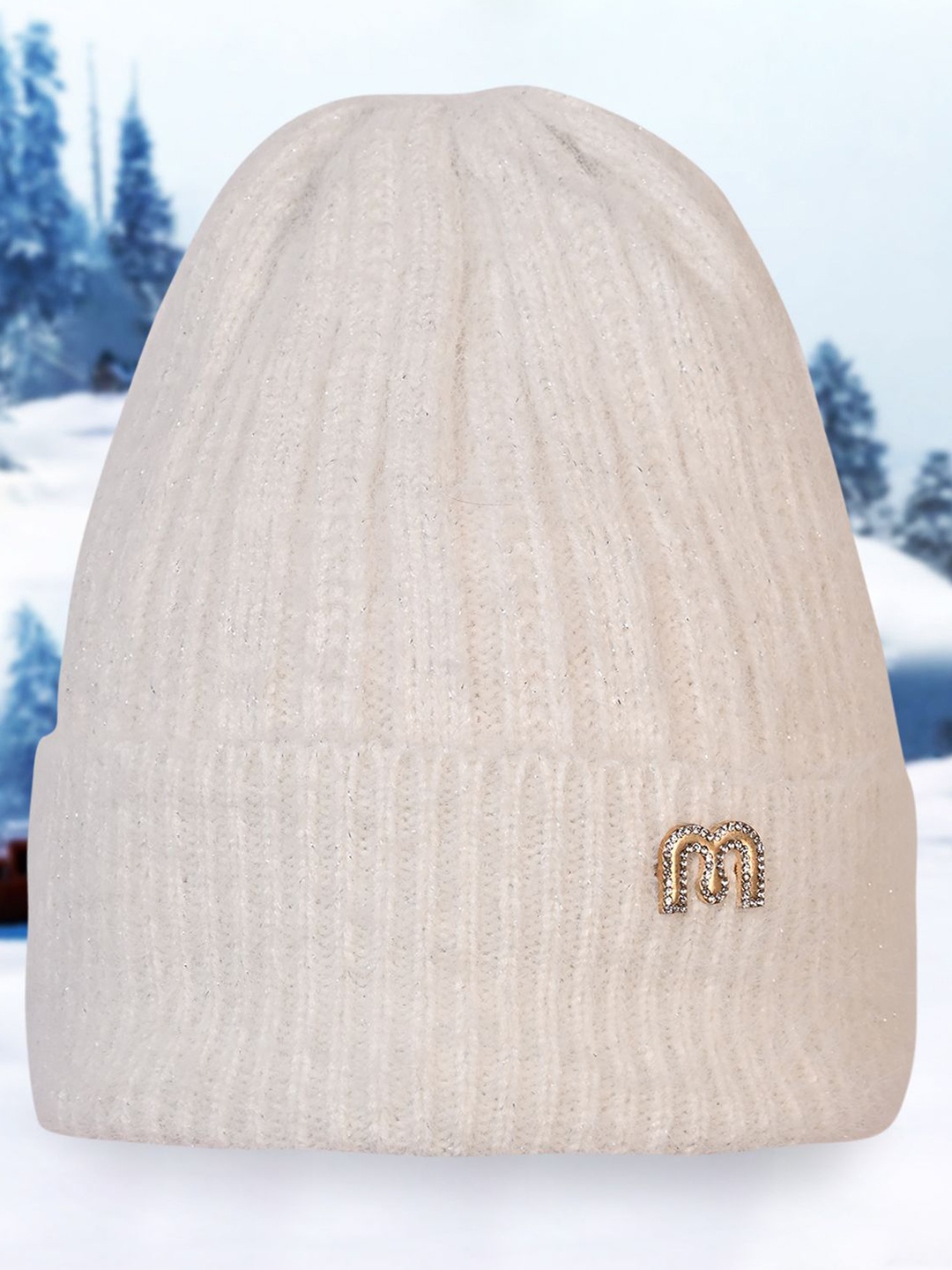 

LOOM LEGACY Women Self Design Winter Woollen Beanie Cap, White