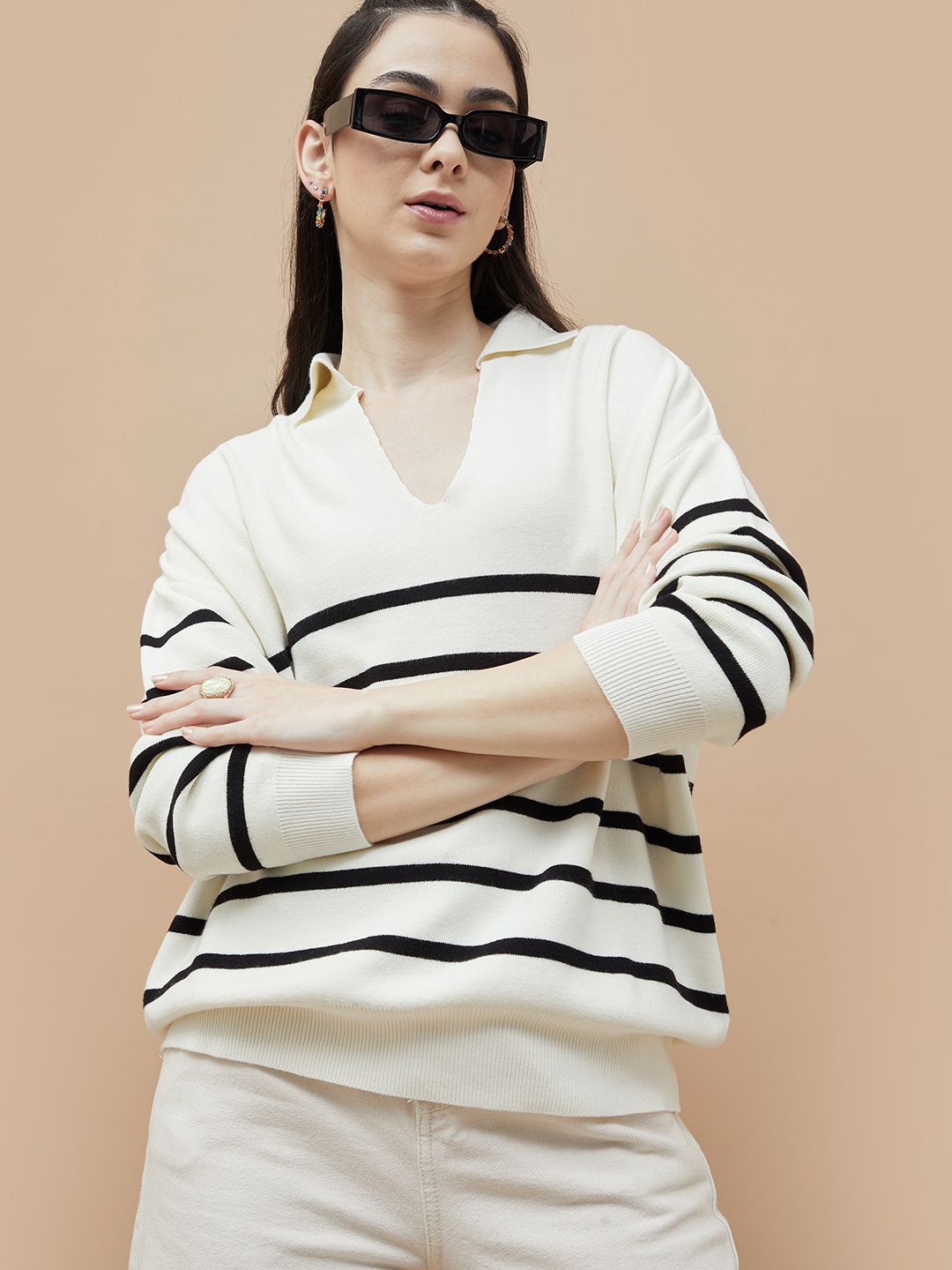 

Ginger by Lifestyle Women Striped Long Sleeves Shirt Style Top, Off white
