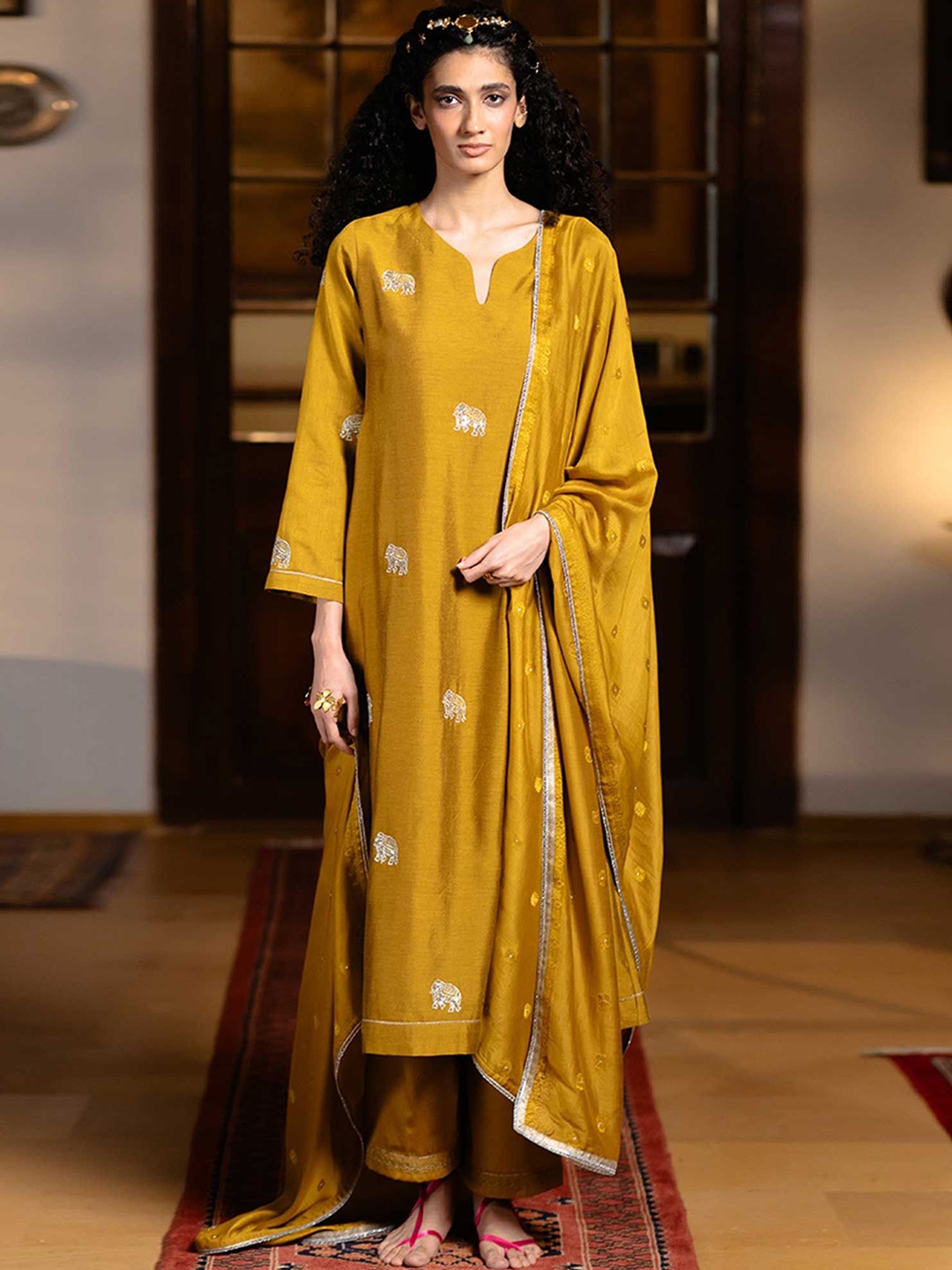 

Ganga Floral Embroidered Thread Work Raw Silk Straight Kurta With Palazzos & Dupatta, Mustard