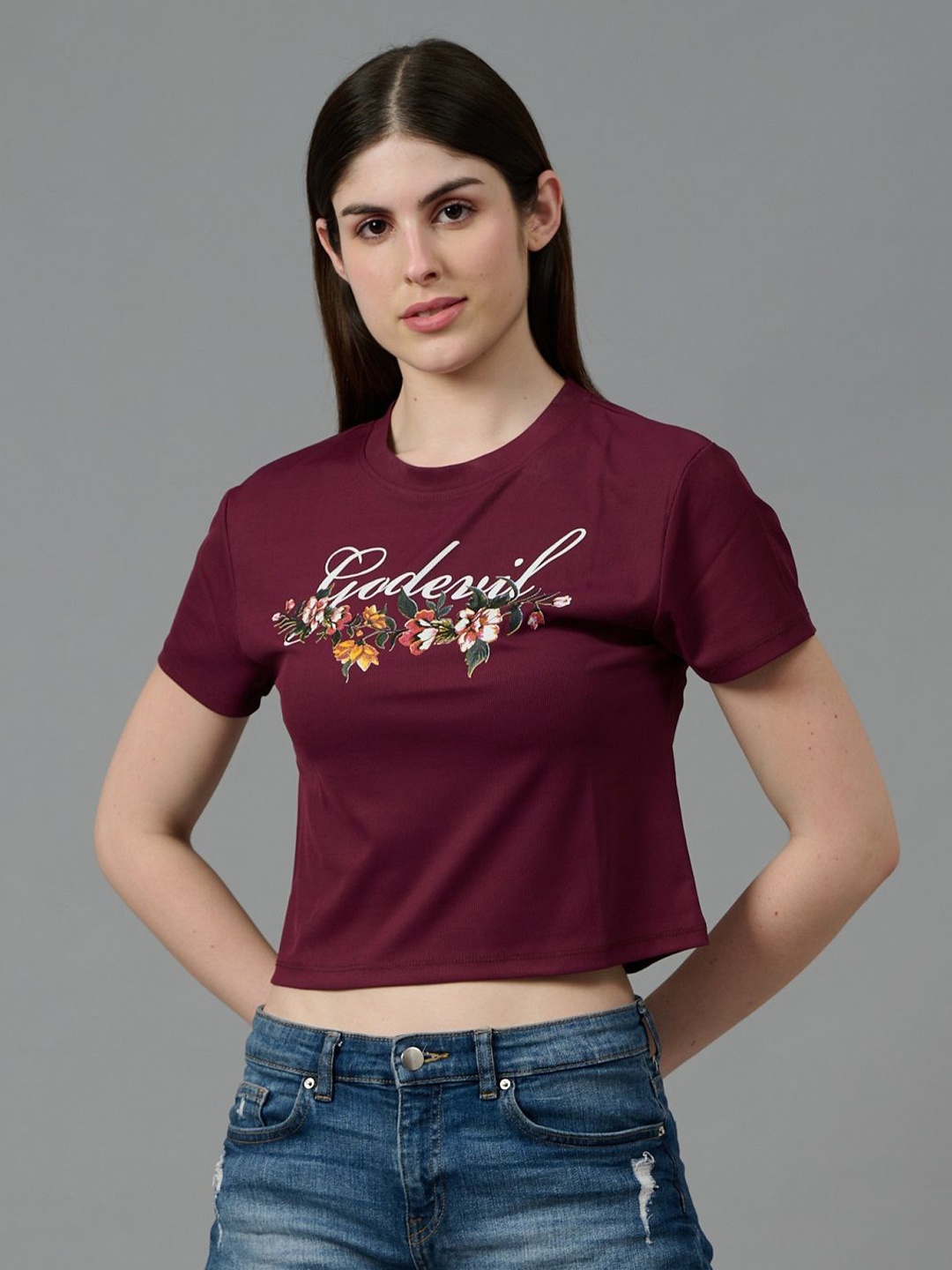 

GO DEVIL Women Floral Printed Round Neck Cotton T-shirt, Burgundy