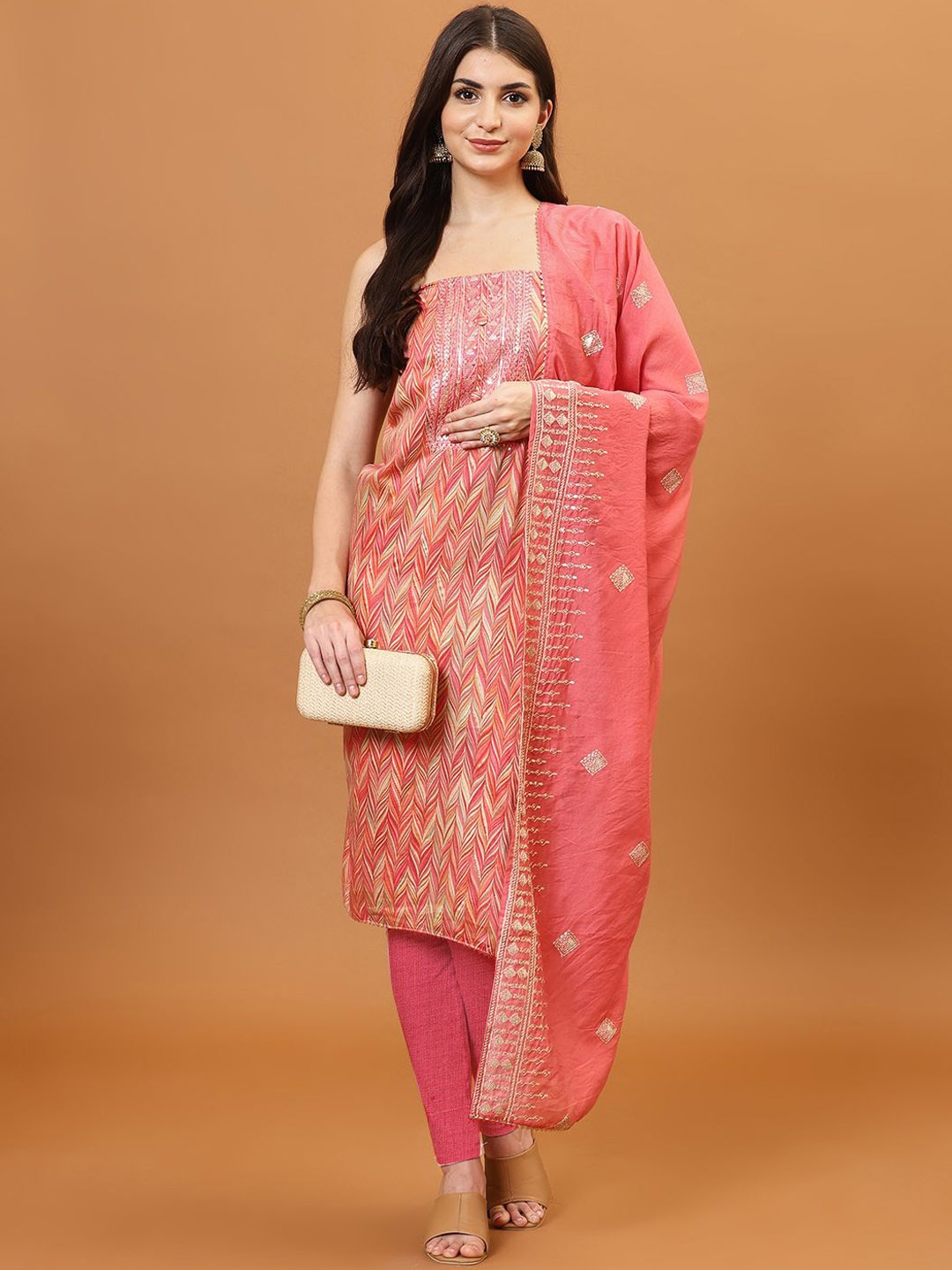 

Meena Bazaar Floral Printed Sequinned Cotton Unstitched Dress Material, Pink