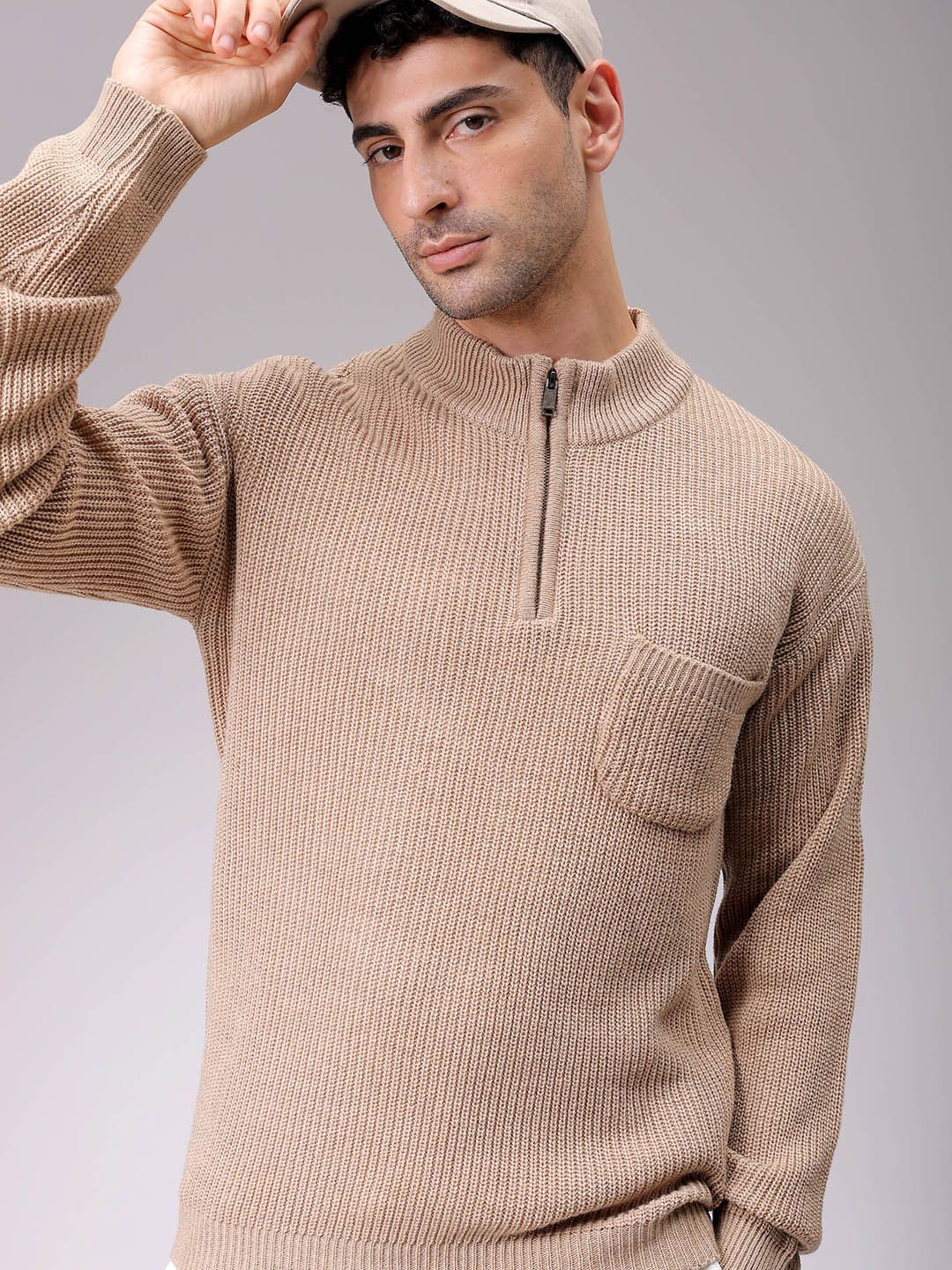 

The Indian Garage Co Men Acrylic Mock Collar Long Sleeves Pullover Sweaters, Beige