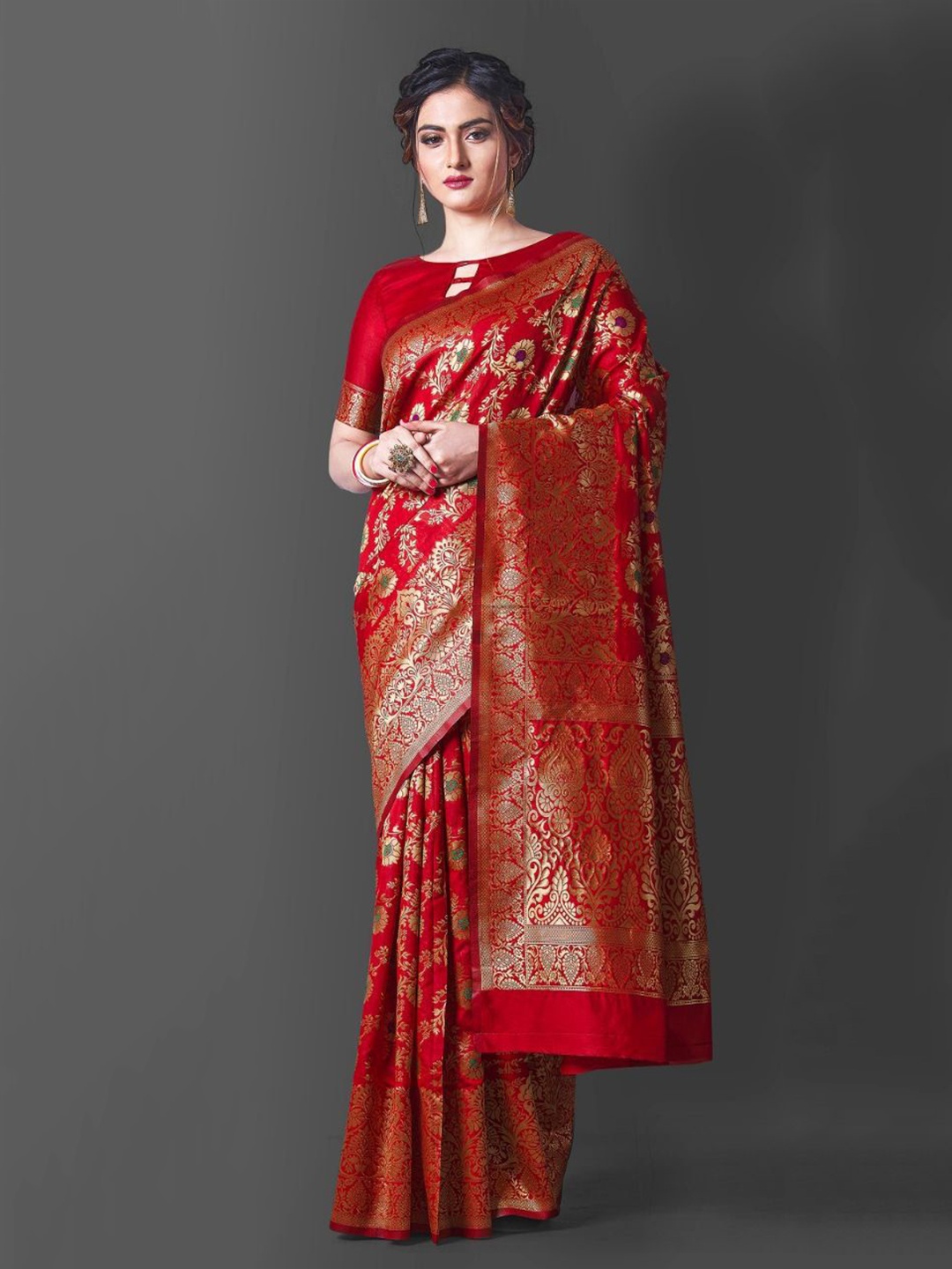 

Visit Wear Women Woven Design Zari Pure Silk Banarasi Saree With Blouse Piece, Red