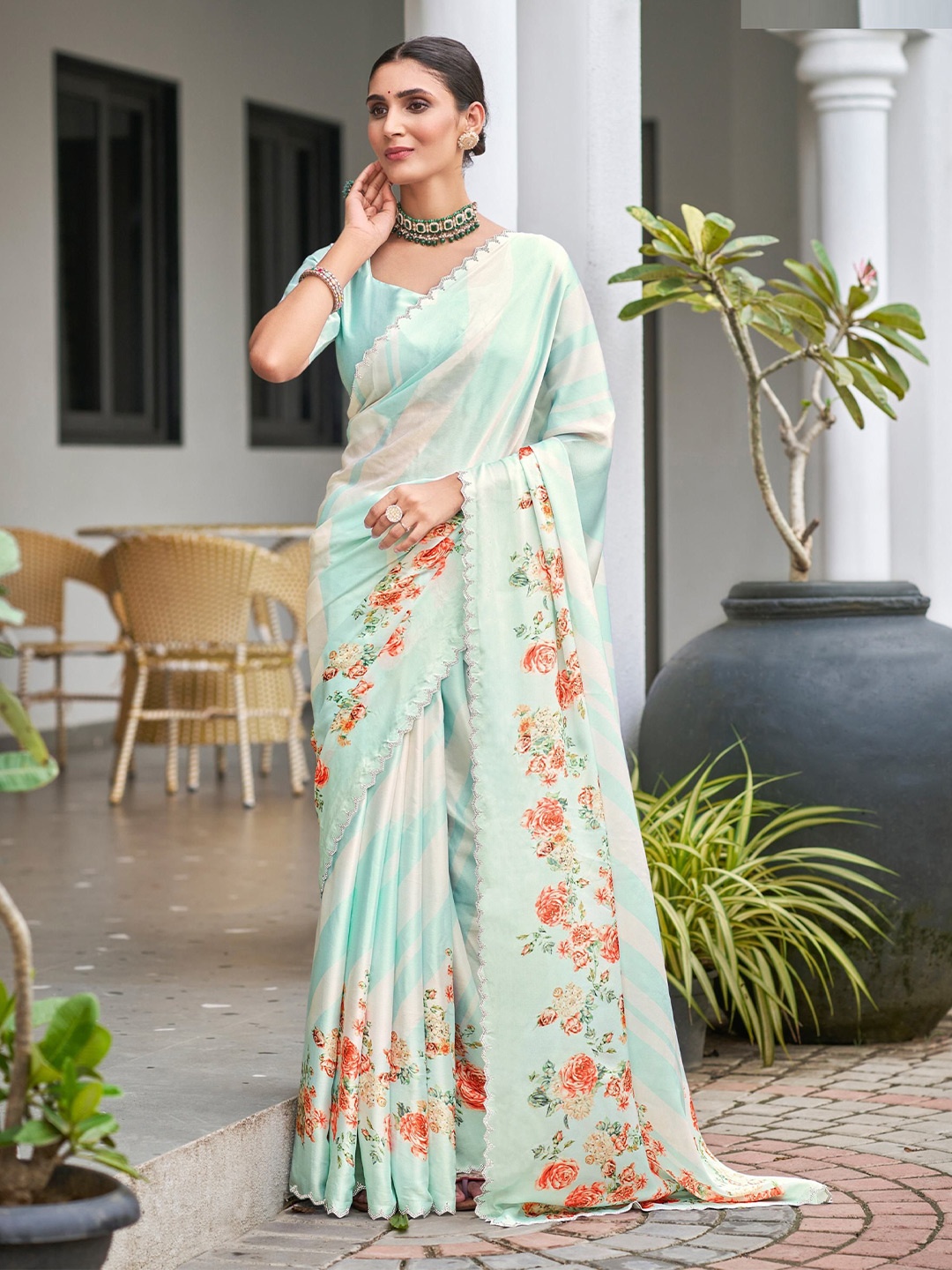 

MAHALASA Ethnic Motifs Beads and Stones Satin Saree, Sea green