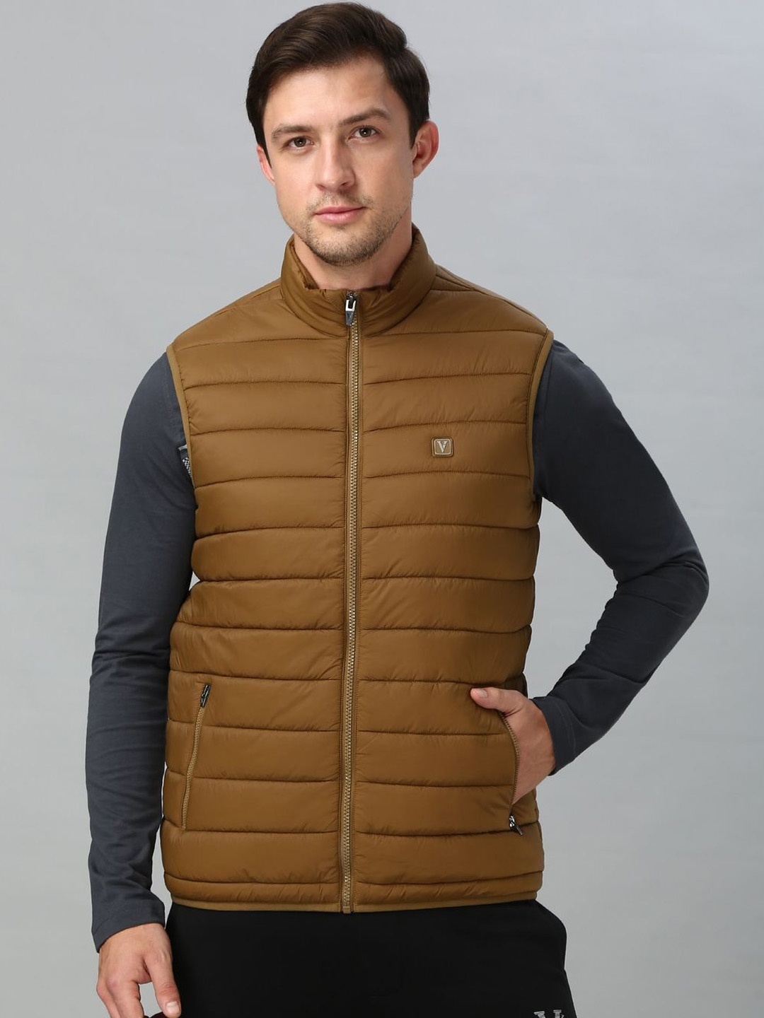 

Van Heusen Athleisure Men Solid High Neck Sleeveless Quilted Jacket, Brown