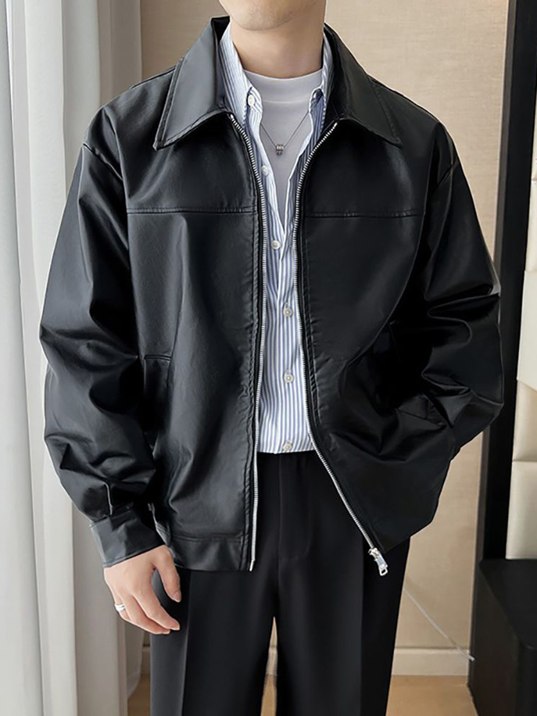 

StyleCast x Revolte Men Spread Collar Solid Casual Leather Jacket, Black