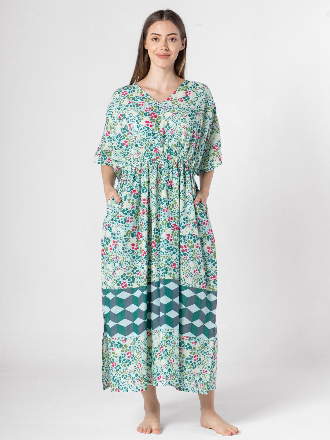 

SANSKRUTIHOMES Women Printed Pure Cotton Maxi Nightdress, Green