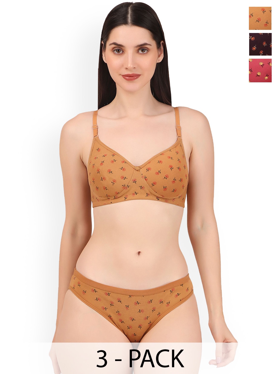 

Piylu Pack Of 3 Printed Lightly Padded Lingerie Sets, Brown