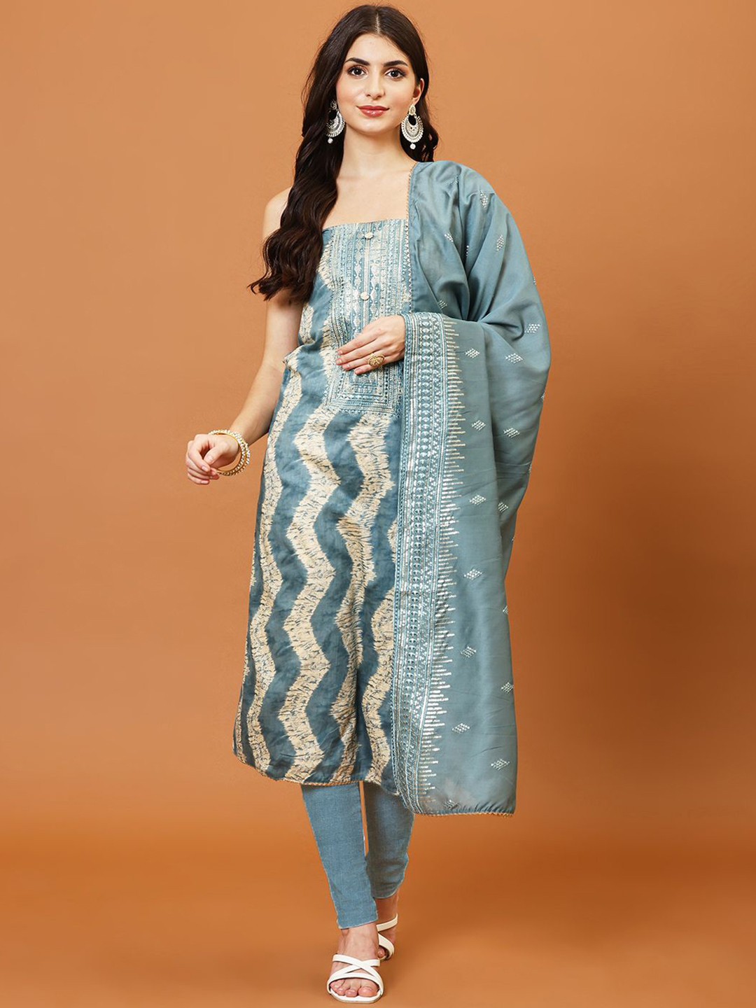 

Meena Bazaar Chevron Printed Unstitched Dress Material, Blue