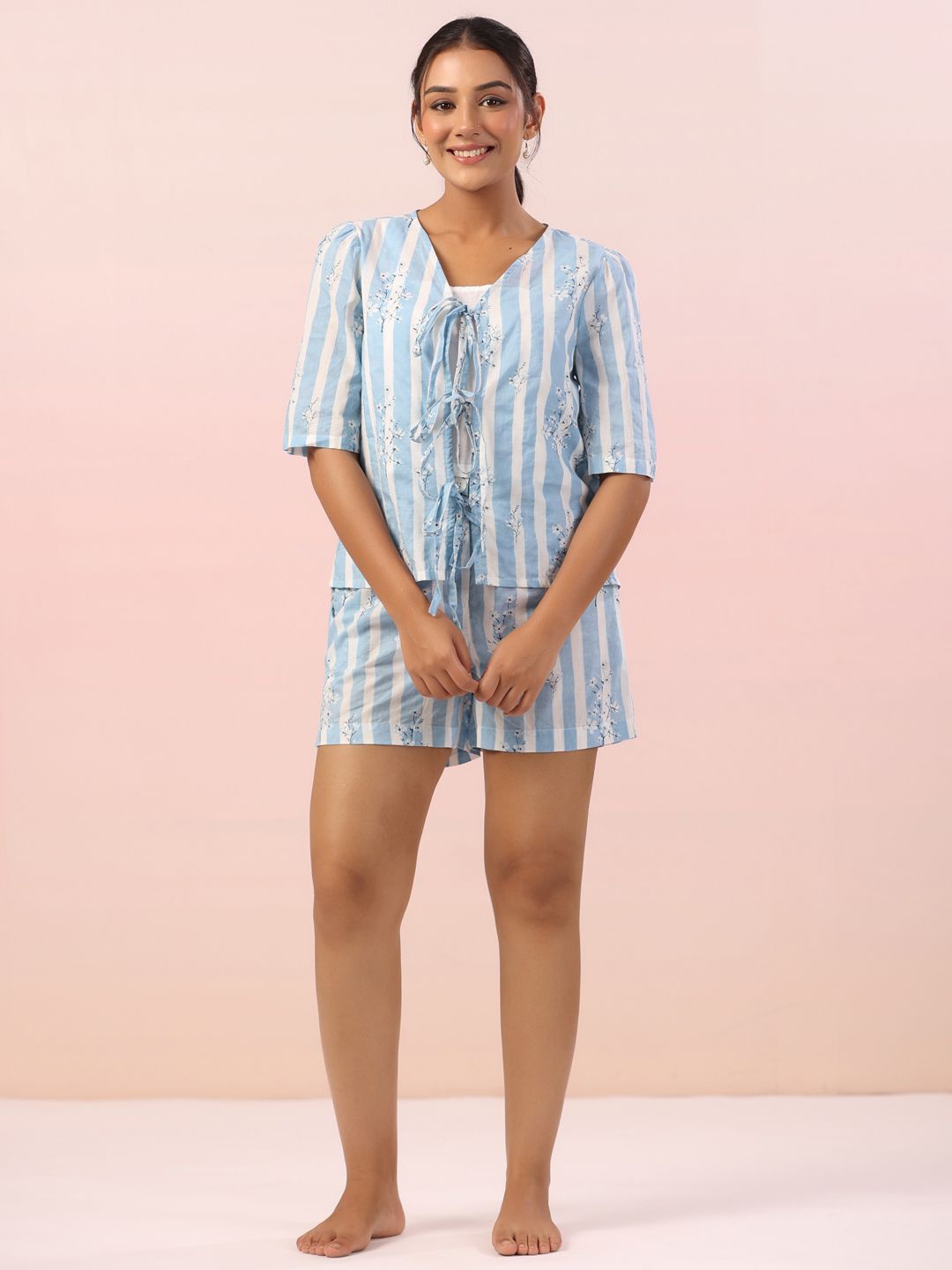 

SANSKRUTIHOMES Women Striped Top With Shorts Pure Cotton Night Suit, White