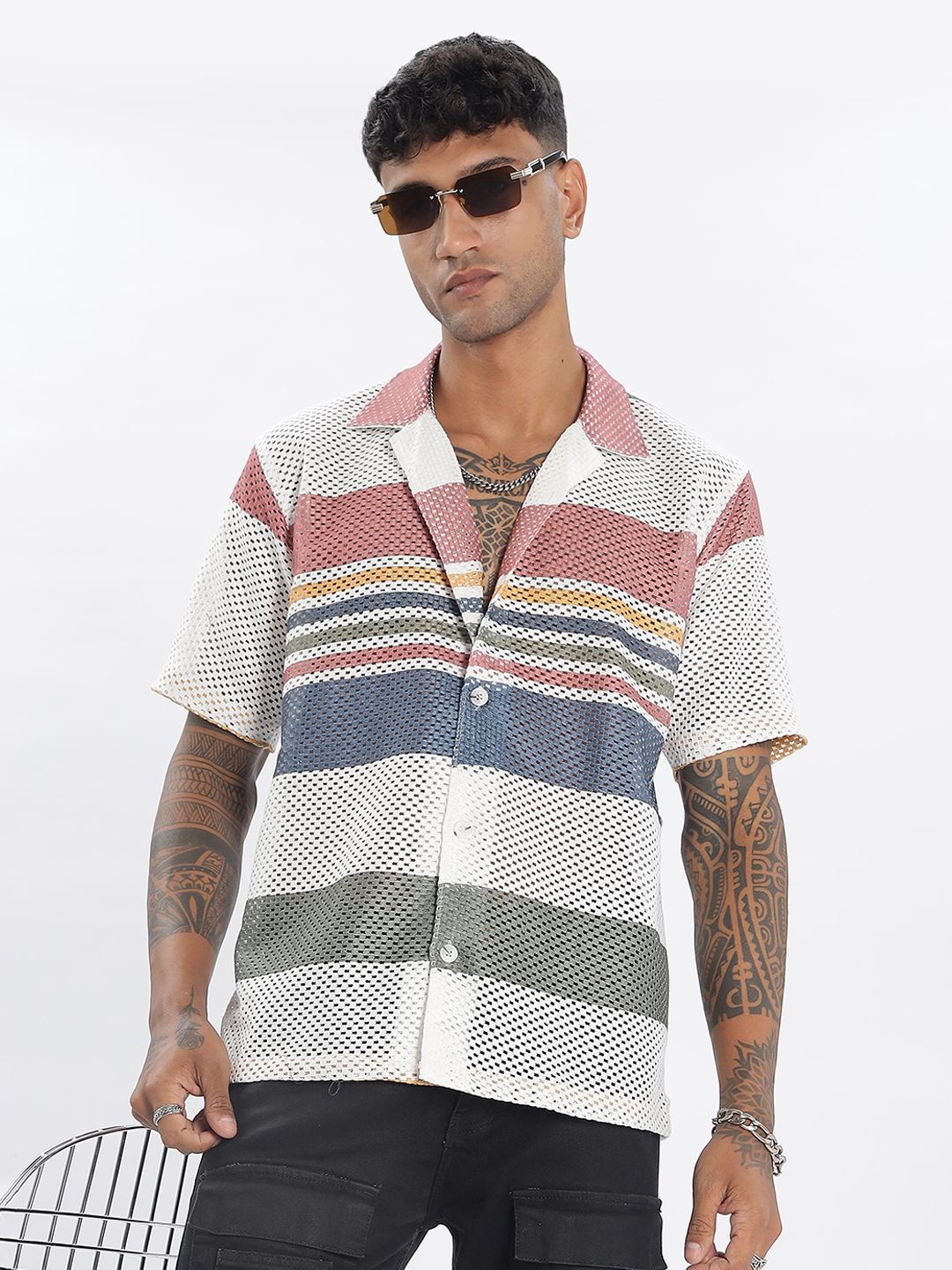 

Vestirio Men Relaxed Cuban Collar Multi Striped Relaxed Fit Casual Shirt, White