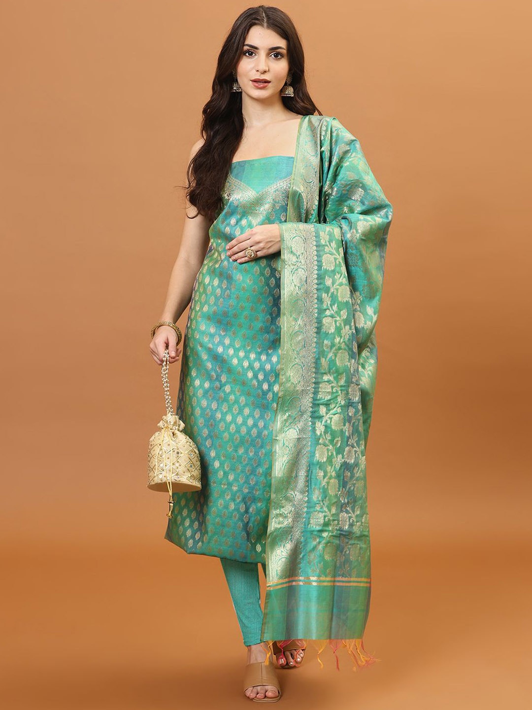 

Meena Bazaar Woven Design Art Silk Unstitched Dress Material, Green