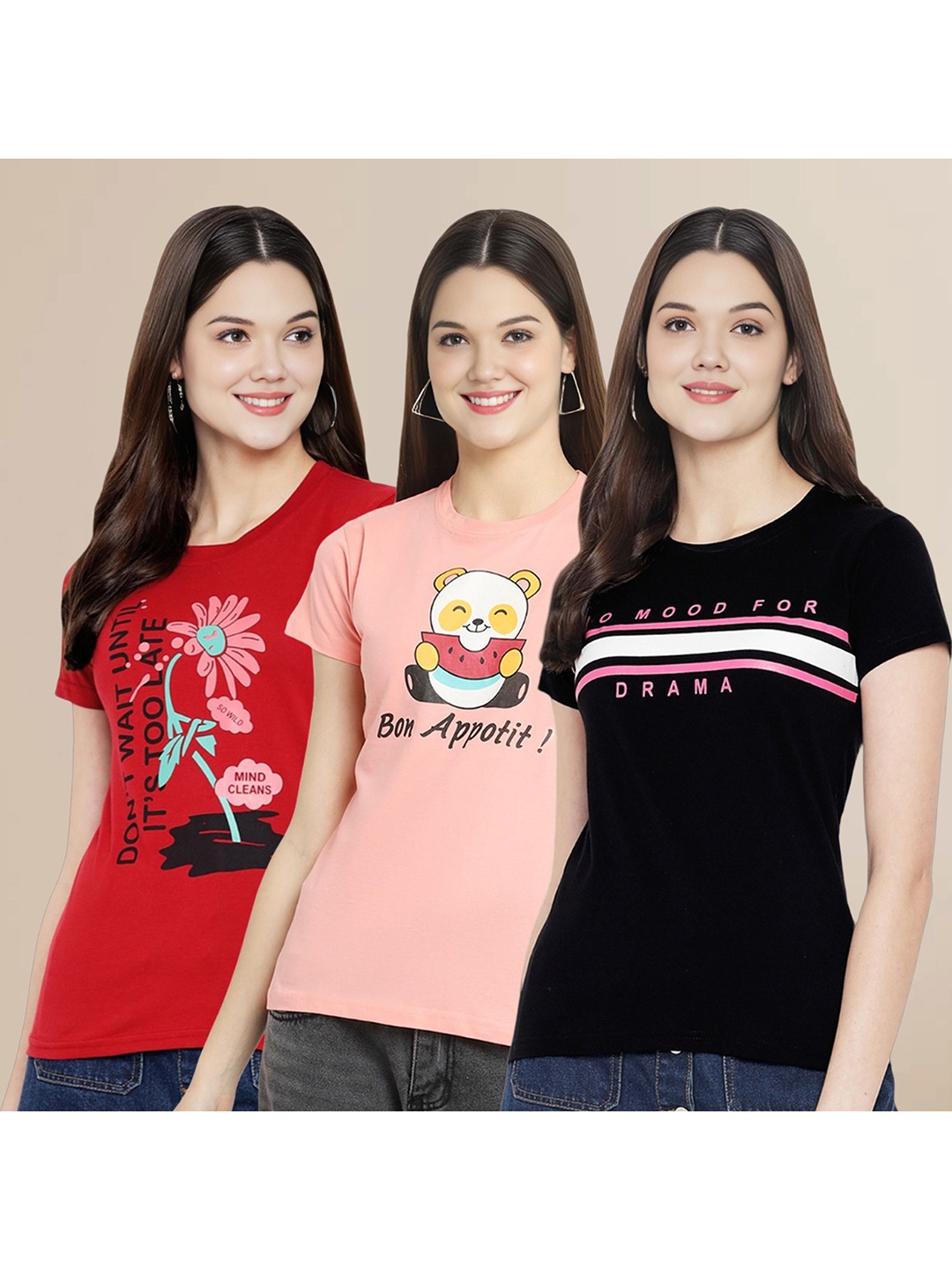 

Metronaut Women Pack Of 3 Typography Printed Round Neck Cotton T-shirts, Peach