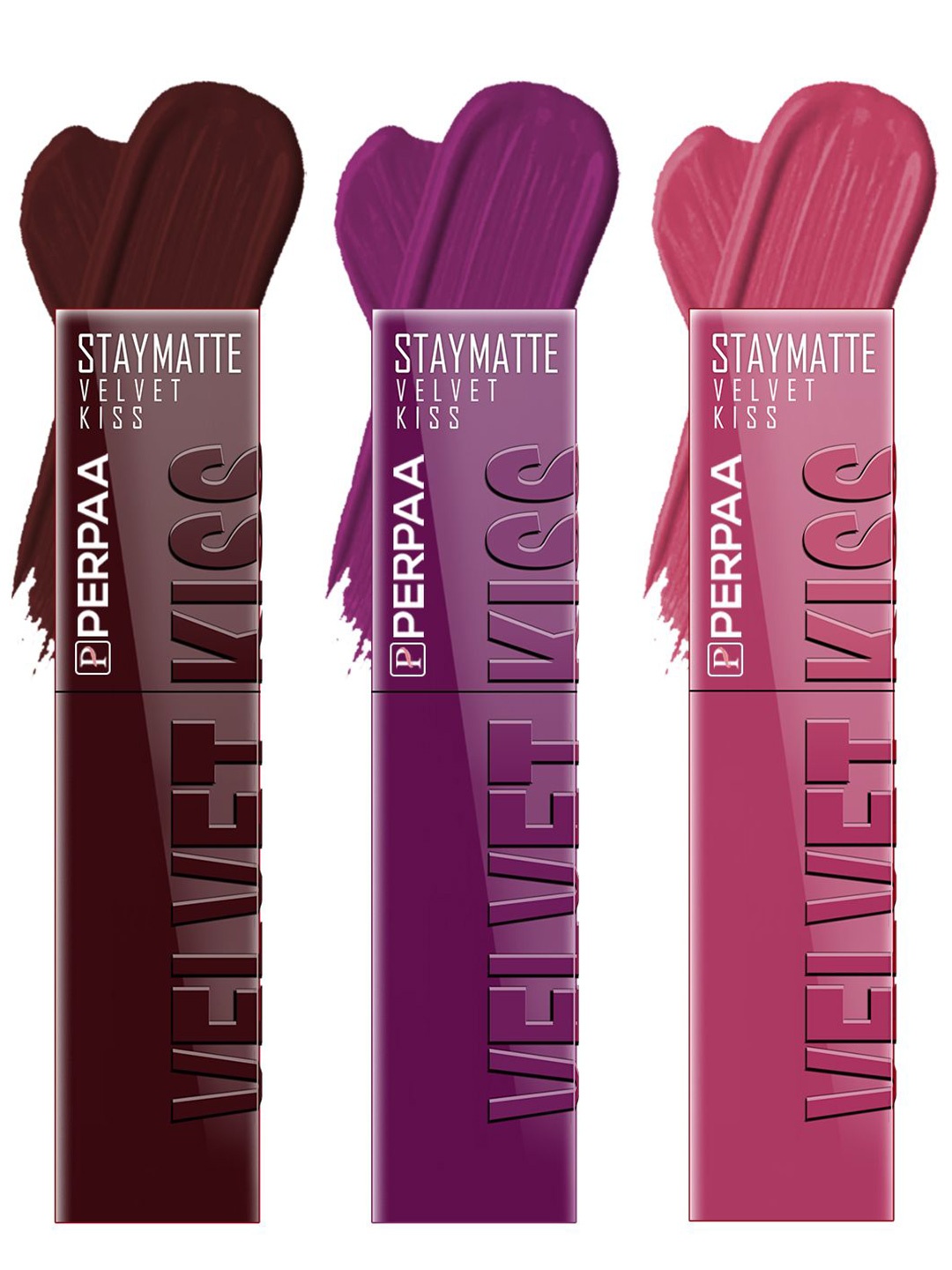 

PERPAA Set of 3 Velvet Kiss Waterproof Matte Liquid Lipstick -3.5 ml Each -Shades 02-03-10, Pink