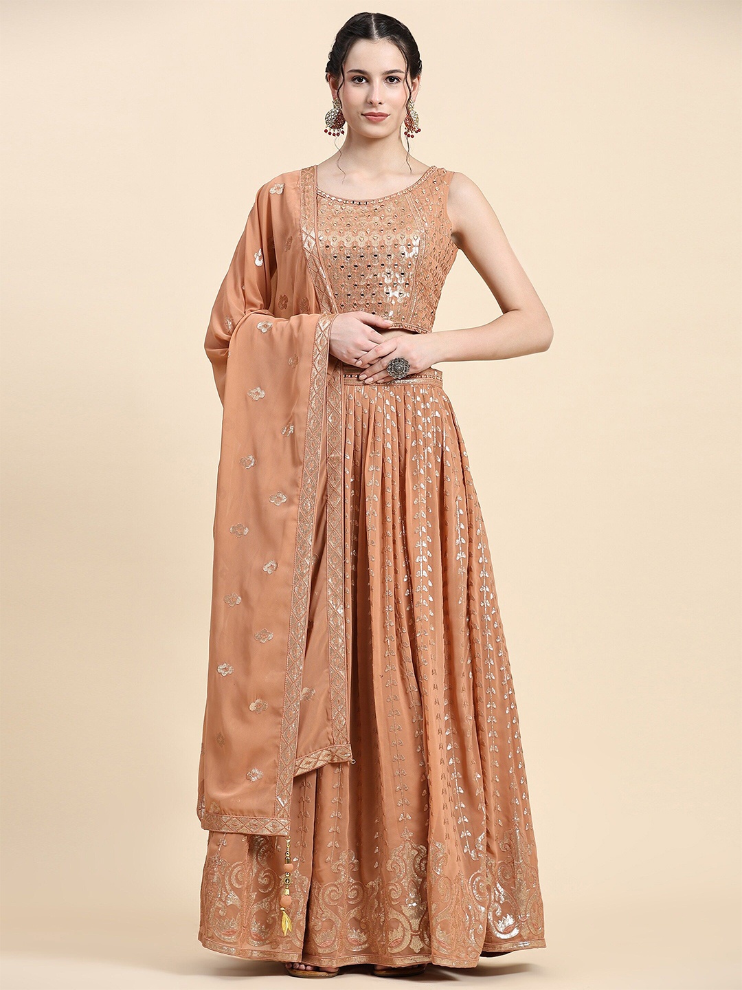 

VANAKARA Embroidered Sequinned Ready to Wear Lehenga & Blouse With Dupatta, Rust