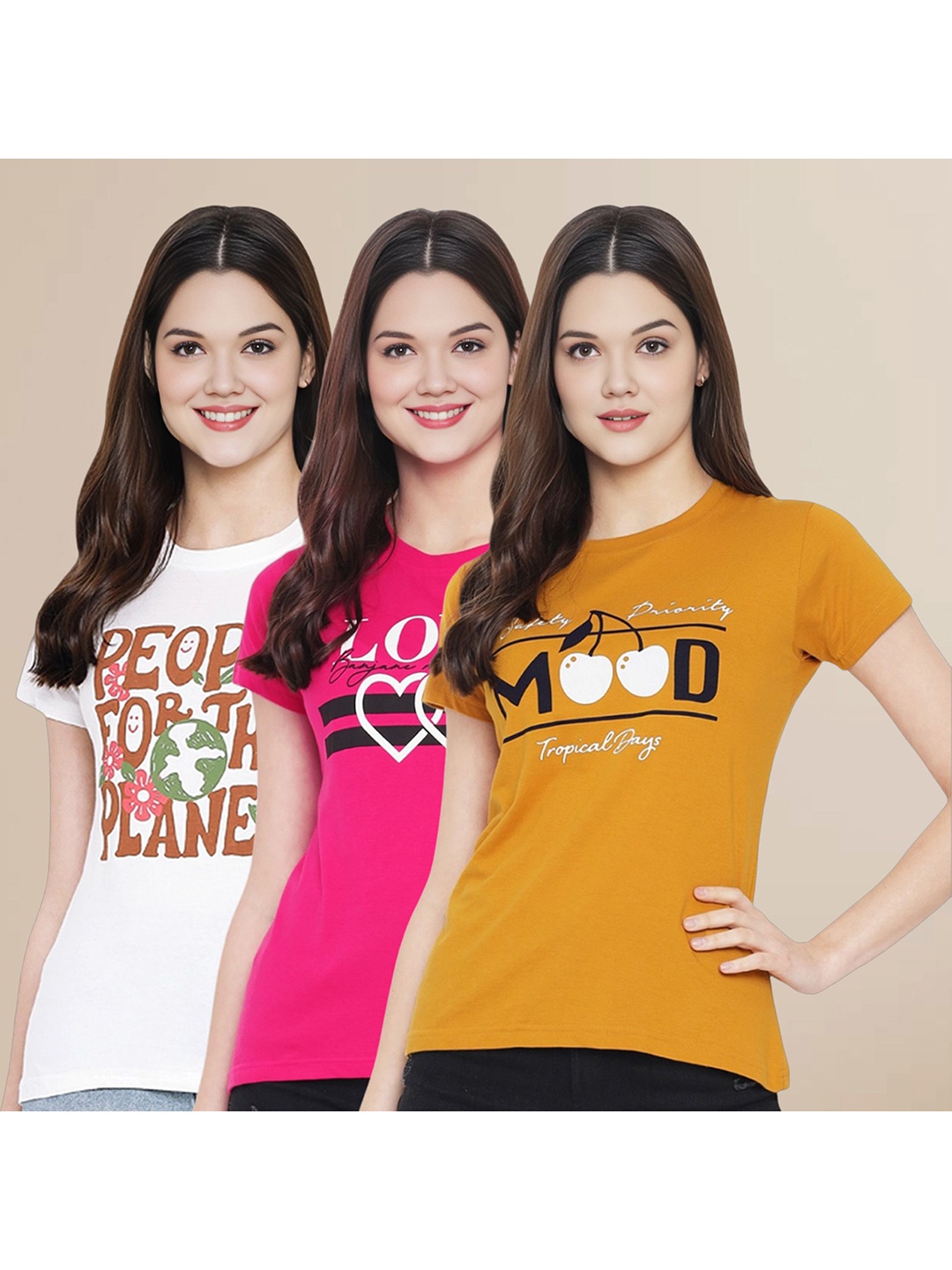 

Metronaut Women Pack Of 3 Typography Printed Round Neck Cotton T-shirts, White