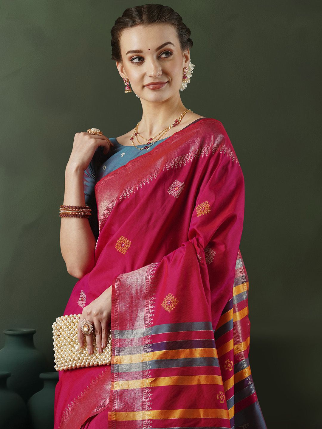 

Sangria Ethnic Motifs Woven Design Zari Border Saree With Unstitched Blouse, Pink