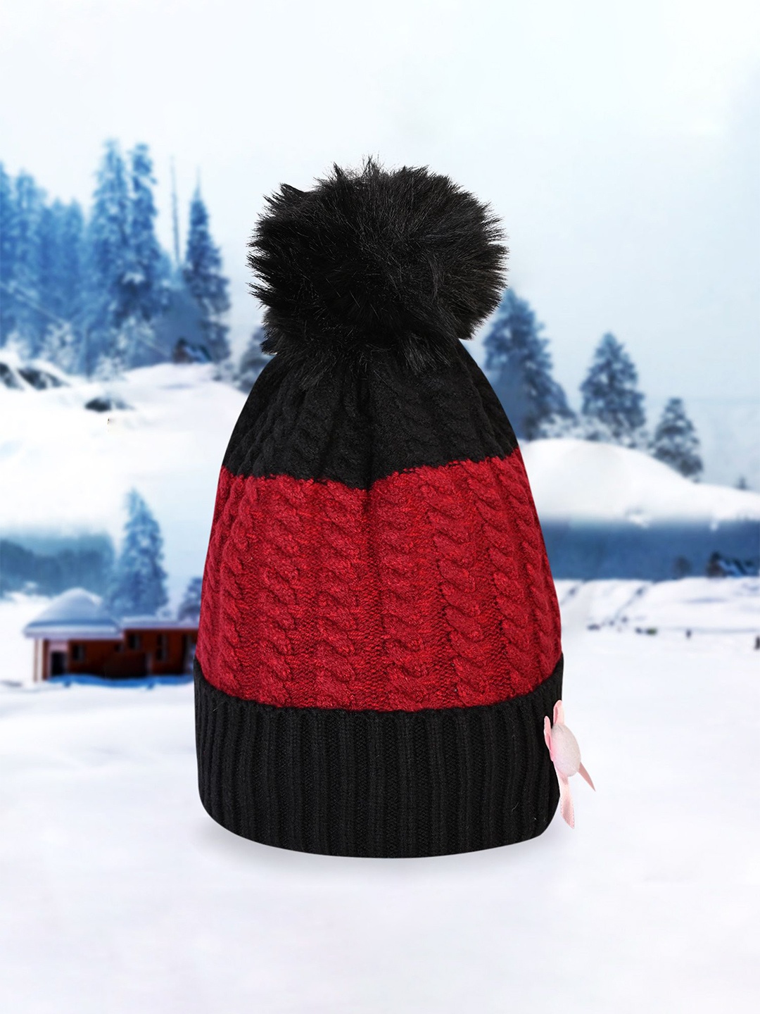 

LOOM LEGACY Women Self Design Winter Woollen Beanie Cap, Red