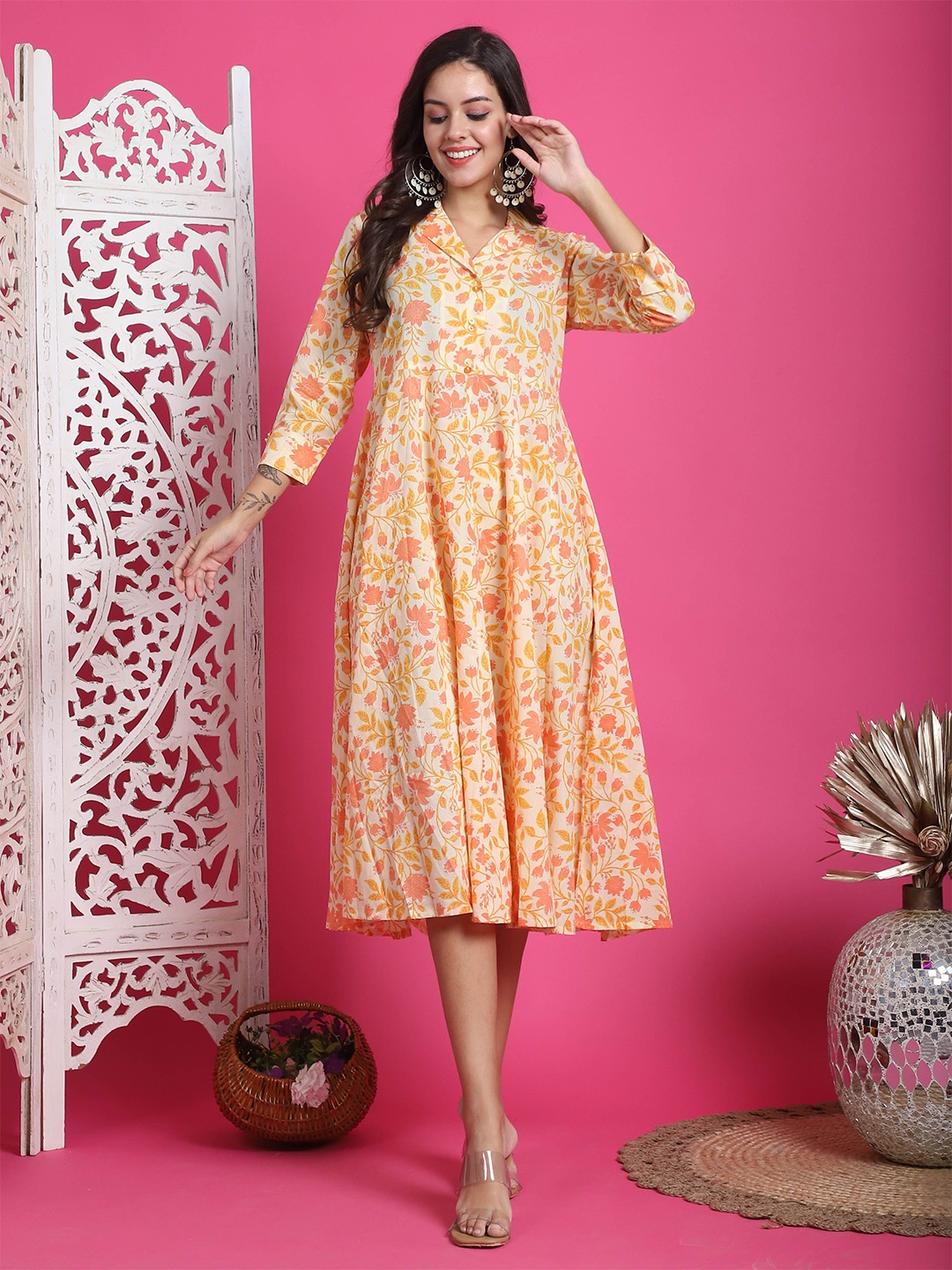 

Roly Poly Floral Printed A-Line Midi Pure Cotton Dress, Beige