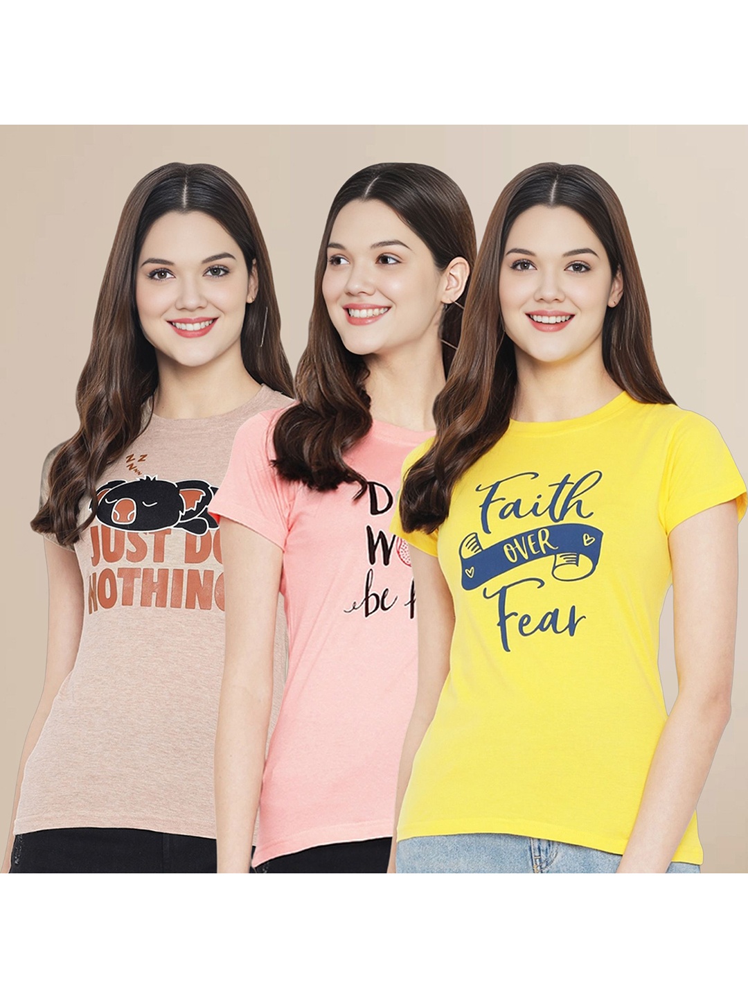 

Metronaut Women Pack Of 3 Typography Printed Round Neck Cotton T-shirts, Beige