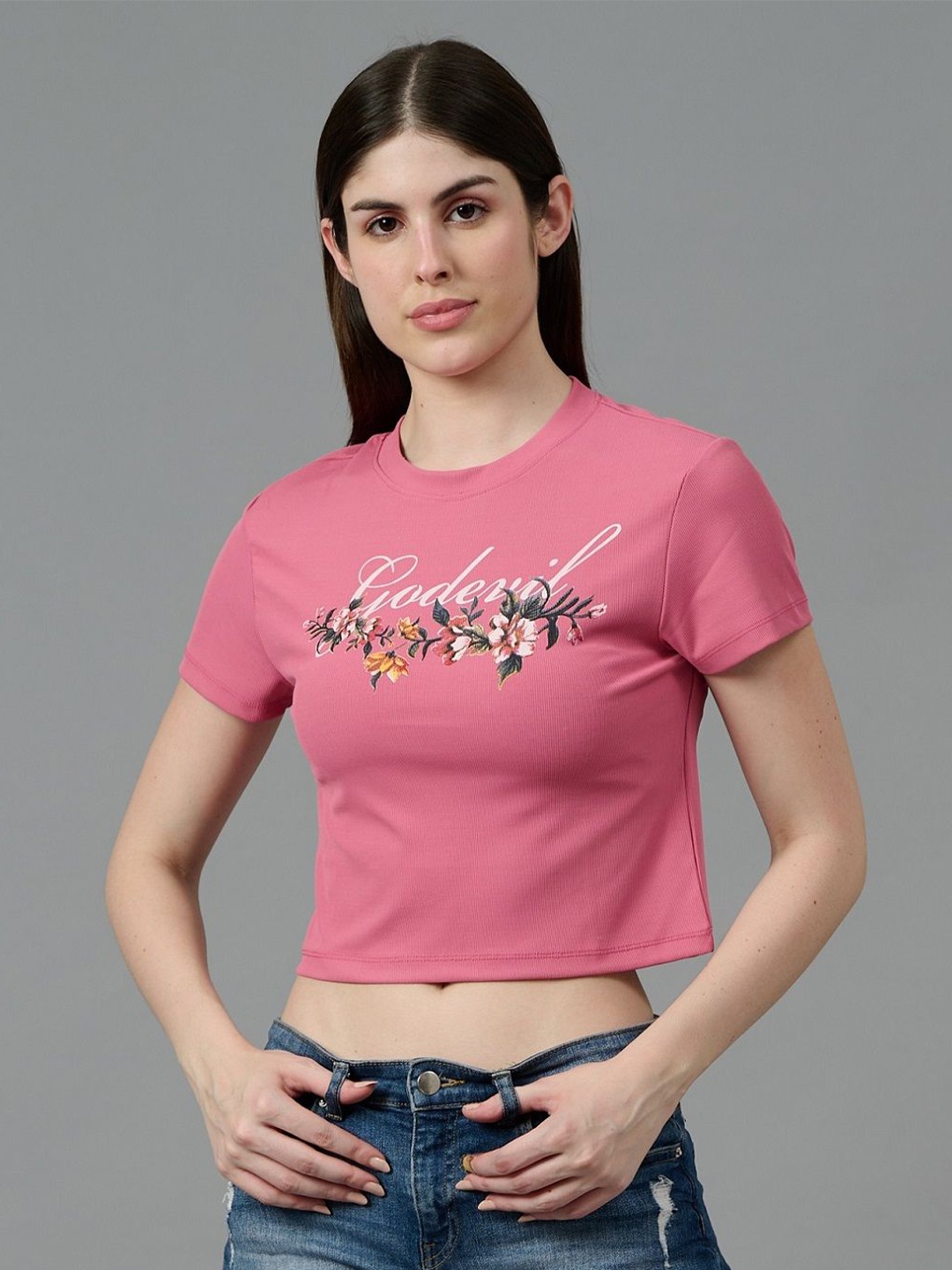 

GO DEVIL Women Floral Printed Round Neck Cotton T-shirt, Pink