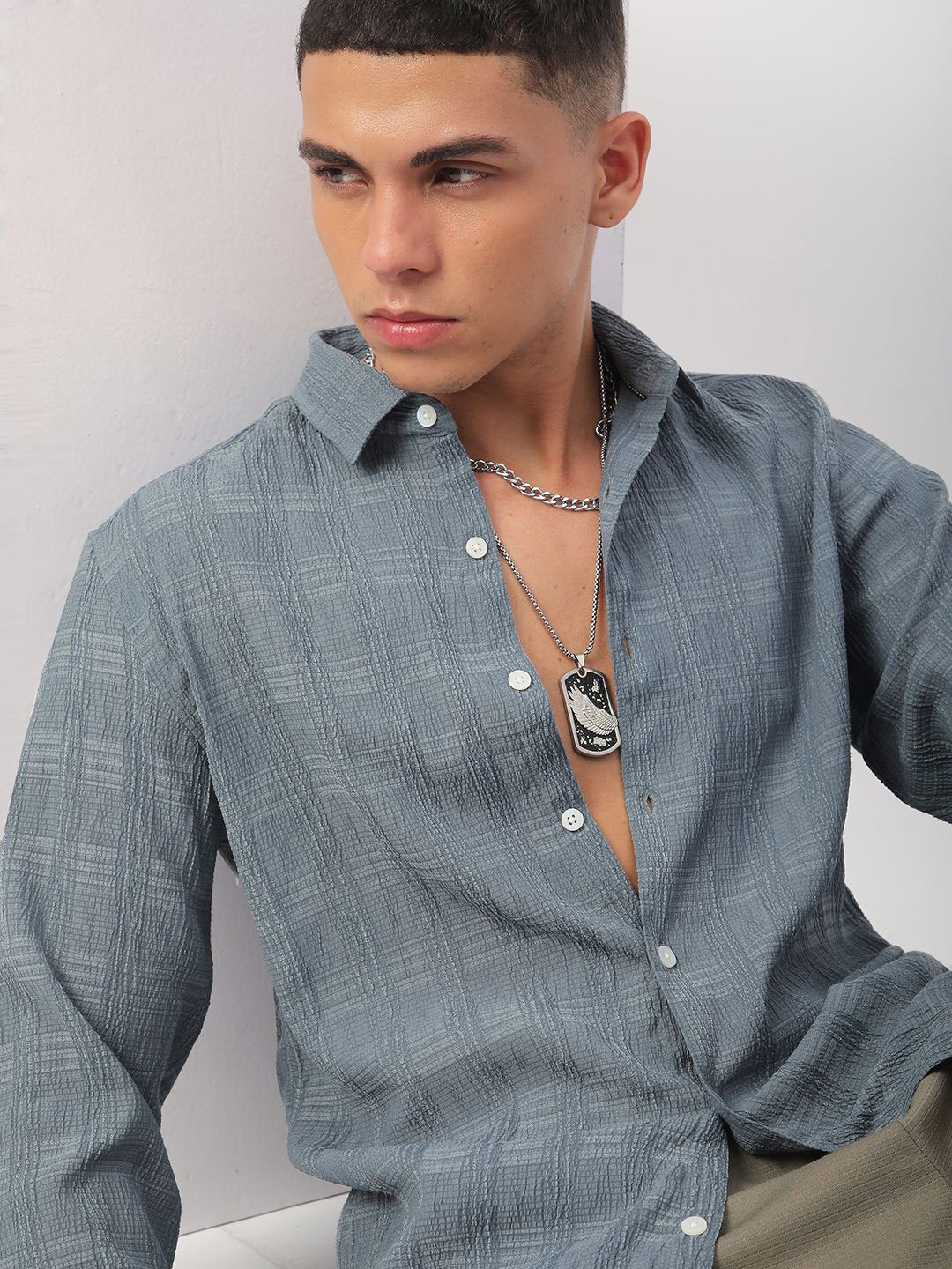

VASTRADO Men Classic Spread Collar Textured Slim Fit Casual Shirt, Grey