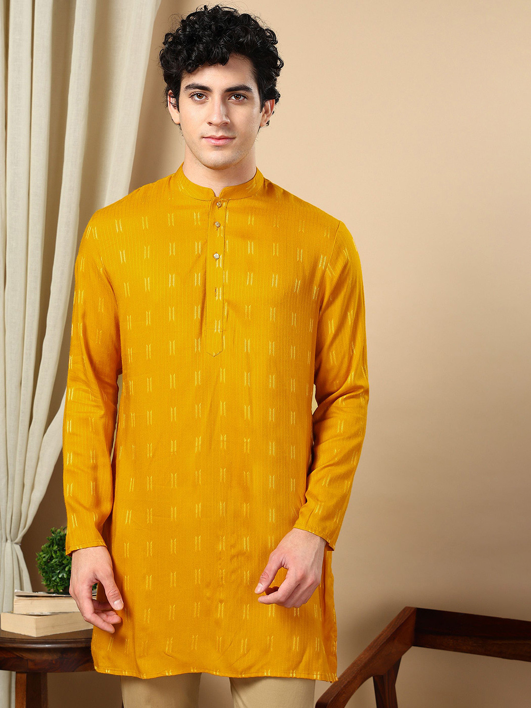

TATTVA Woven Design Mandarin Collar Long Regular Sleeves Regular Straight Kurta, Yellow