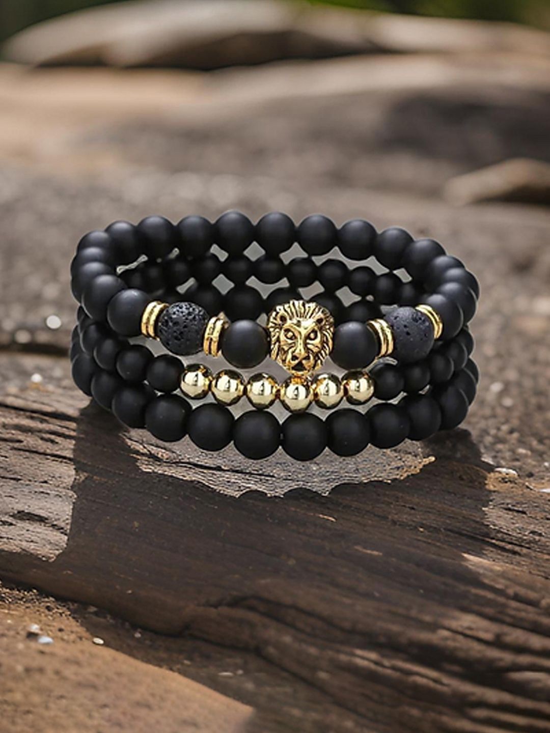 

Jewels Galaxy Men Set Of 3 Gold-Plated Beaded Elasticated Bracelets, Black